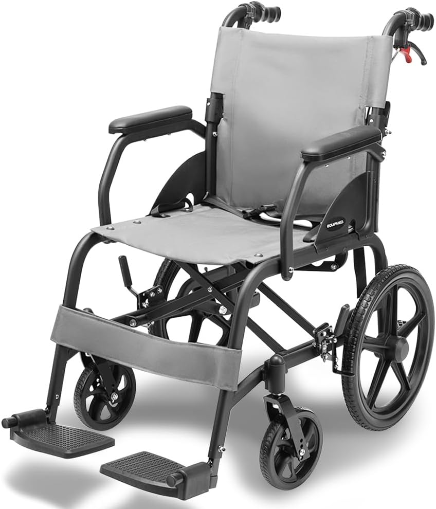 Equipmed Folding Transit Wheelchair, Lightweight Aluminium for Easy Transport, Grey image number 4