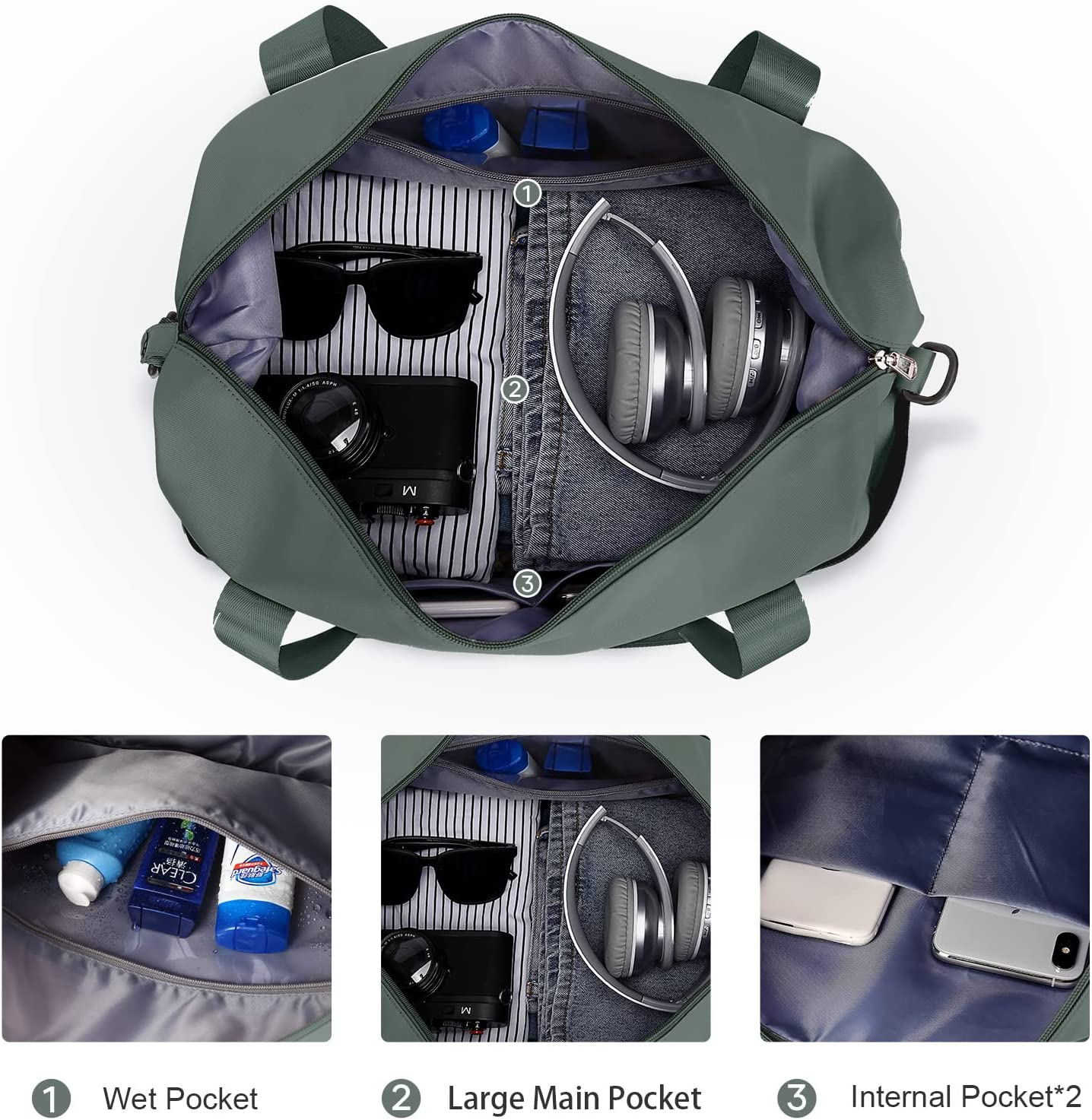 Pakembl Travel Duffle Bag,Shoulder Overnight Weekender Bag for Women,Sport Tole Gym Bag Women,Expandable Duffle Bags Hospital Bag Green