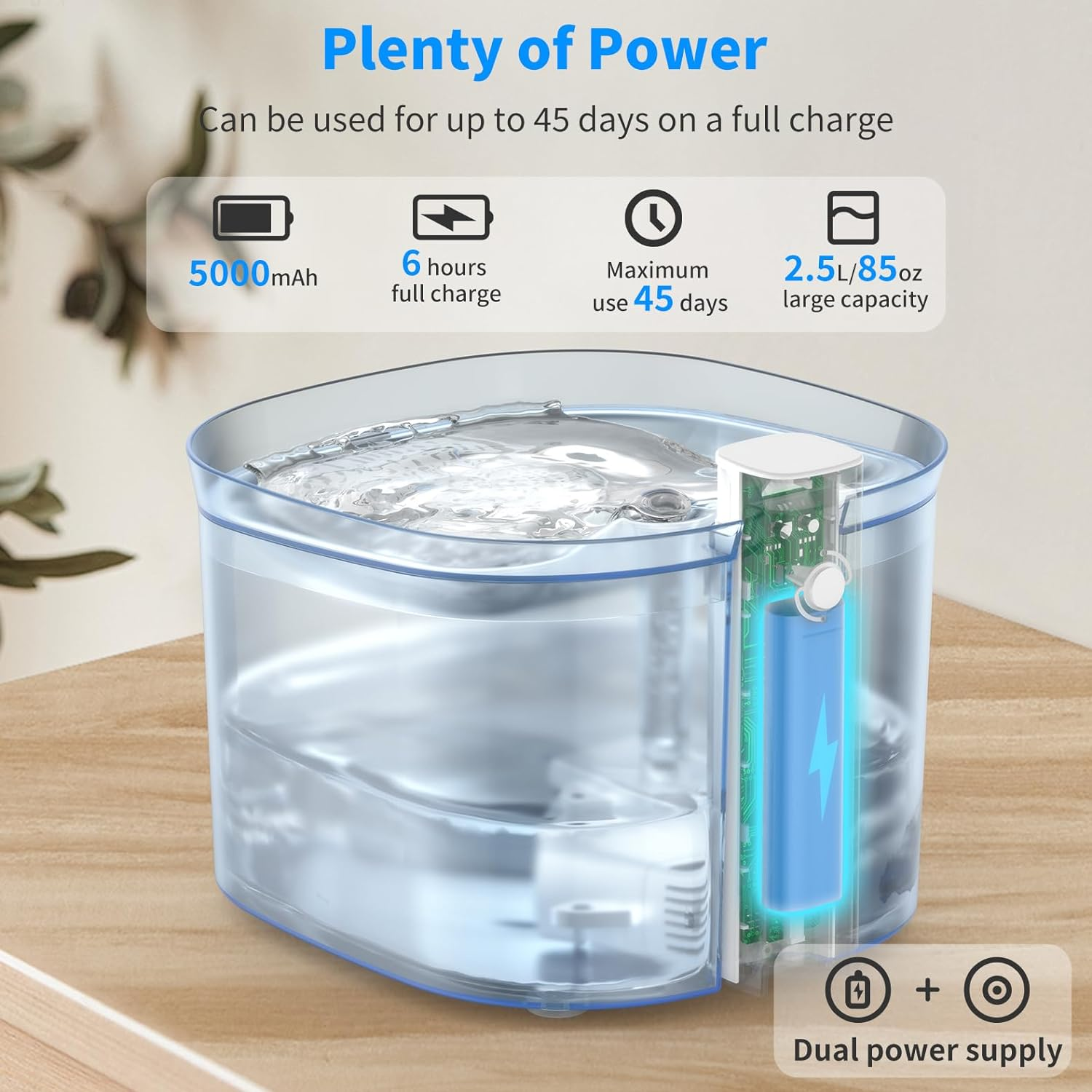 Honeyguaridan Battery Operated Cat Water Fountain, 2.5L Smart Pet Water Fountain for Cats and Dogs with Motion Sensor, Wireless Automatic Cat Water Dispenser with Ultra Quiet Pump,2 Filters image number 3