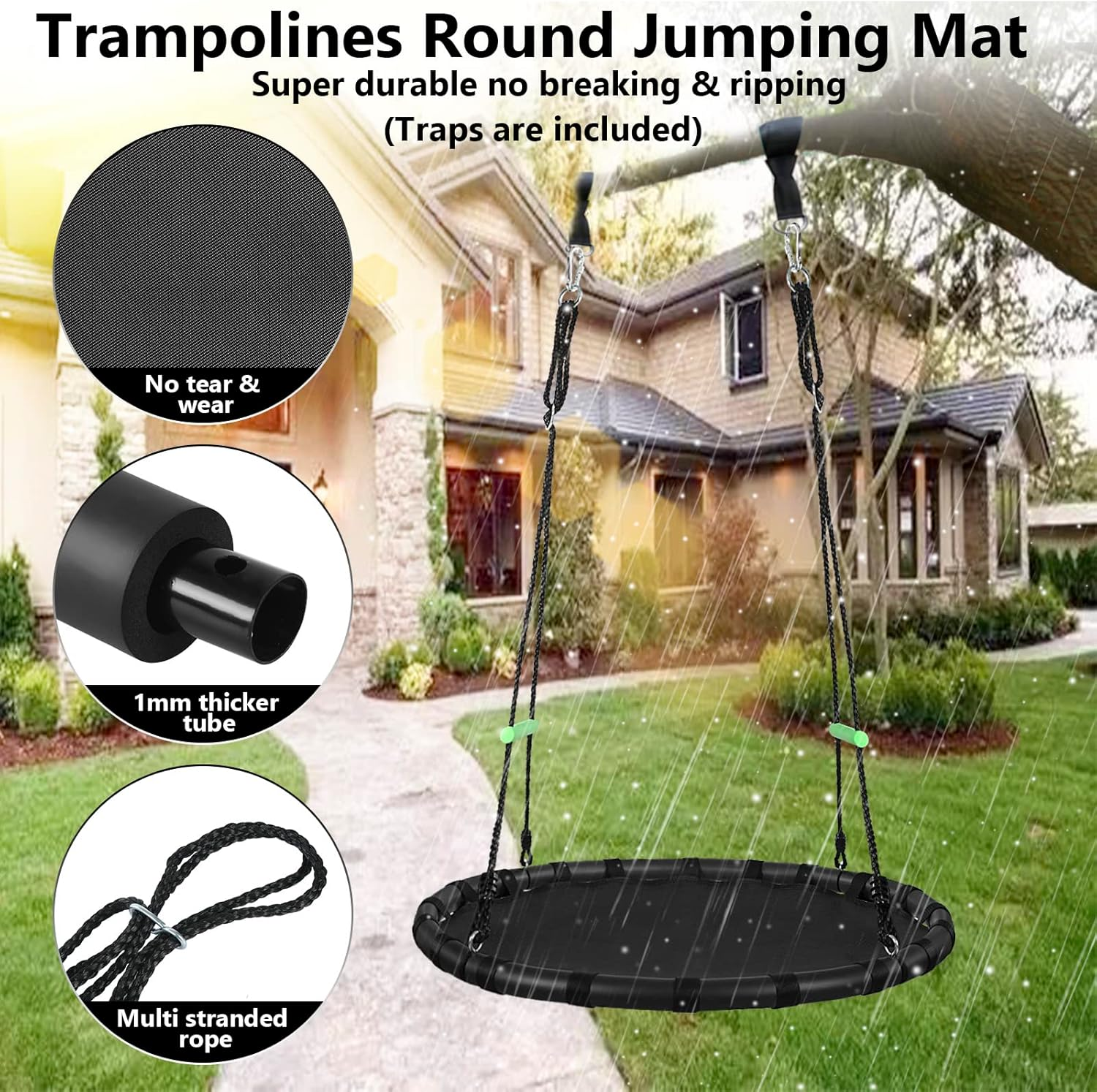 Black Hanging Tree Swing with Detachable Frame,Pp Mat,Adjustable Multi-Strand Ropes,Safe and Durable Saucer Swing for Yard Garden Playground Park (40 Inch Diameter, Black with Extra Strap)