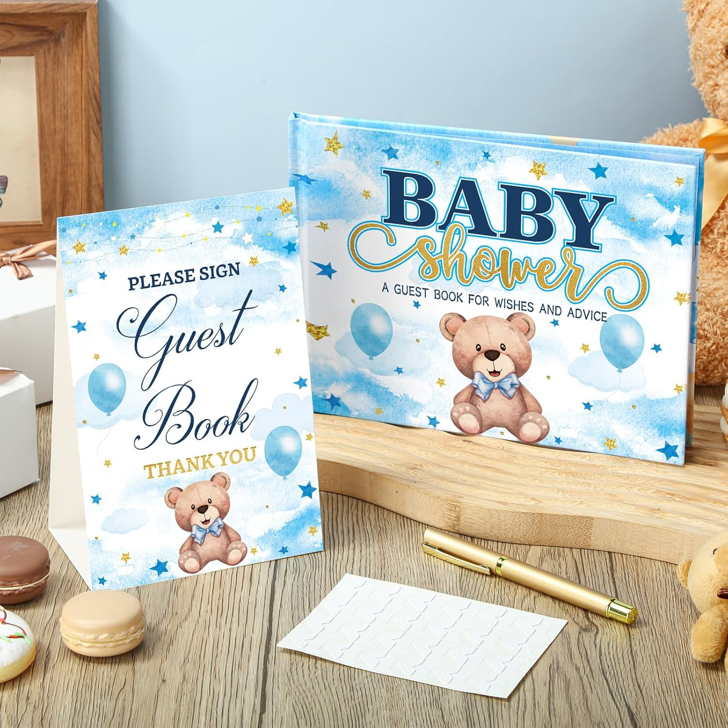 Blue Bear Baby Shower Guest Book Baby Shower Sign in Guest Book Reception with Baby Sonogram Page Keepsake Includes Gold Pen Table Card and Adhesive Photo Corner for Birthday (Little Bear) image number 4