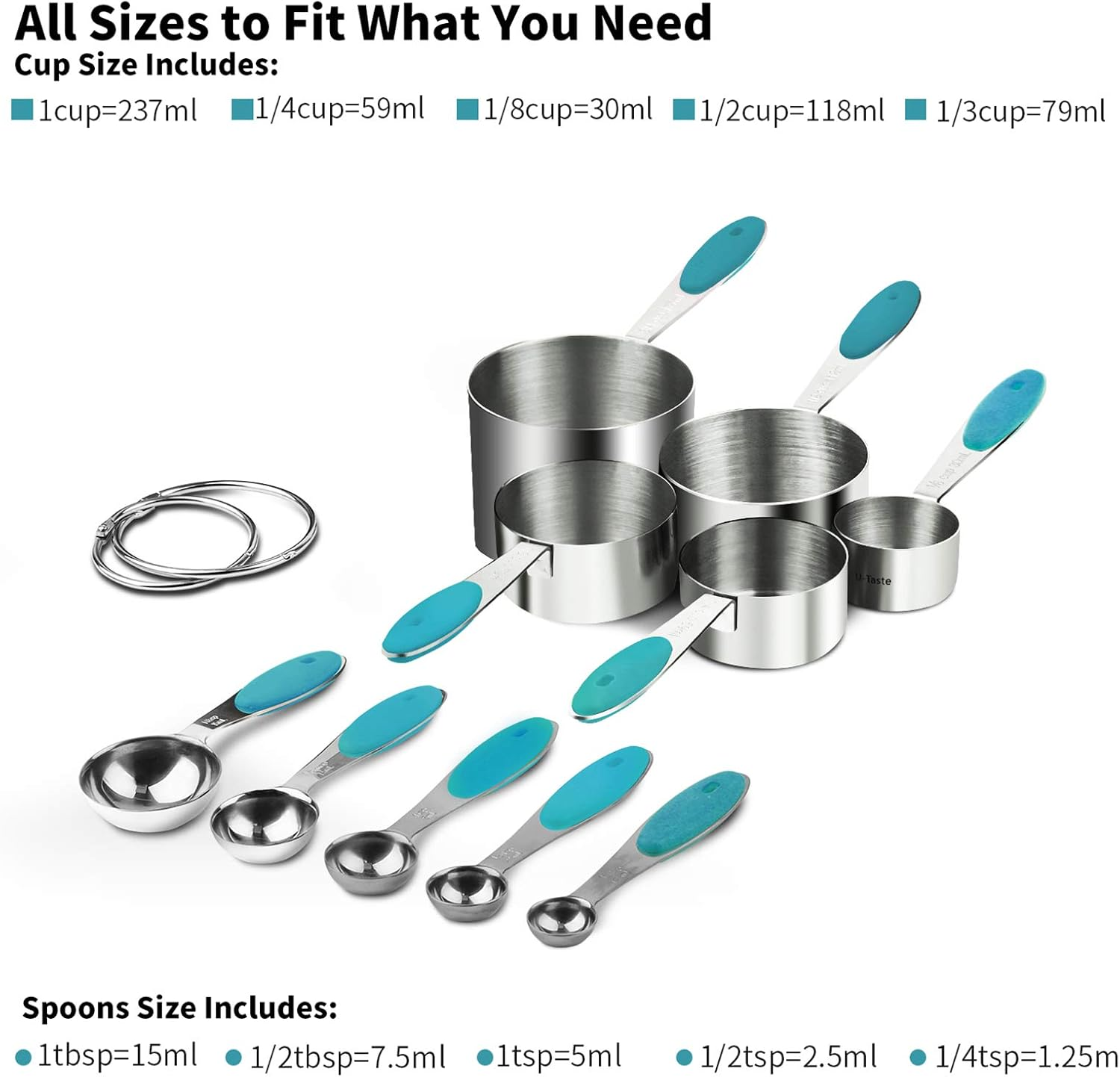 Measuring Cups and Spoons Set: U-Taste 18/8 Stainless Steel 10 Pieces Metal Nesting Stacking Kitchen Baking Cooking Food Measure Set 5 Cups 5 Spoons for Dry and Liquid Ingredient (Teal/Turquoise) image number 2