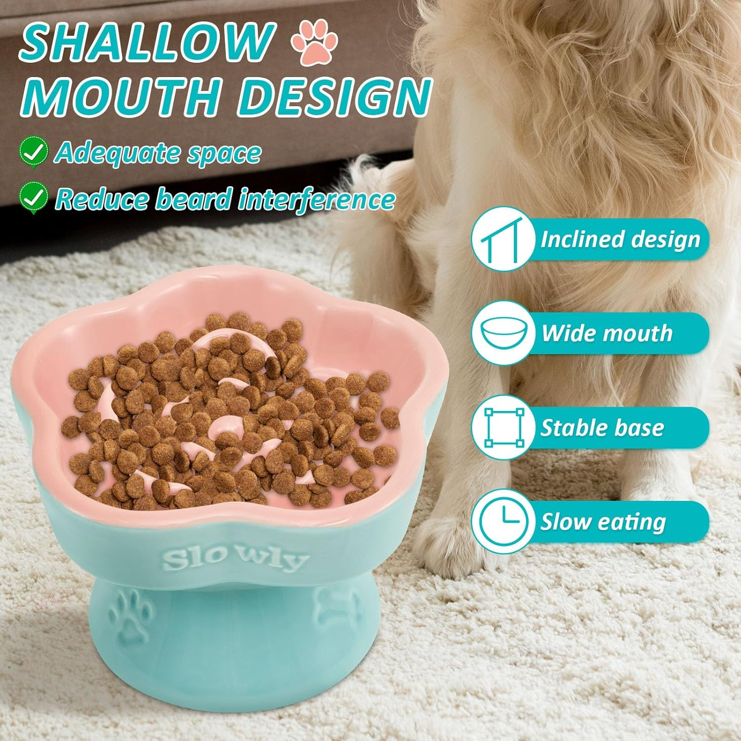 UKQRRTC Raised Cat Slow Feeder Bowl, Ceramic Elevated Cat Food Bowl, Safe Shallow Wide Tilted Cat Dog Eating Bowl, Dog Food Bowl for Cats Dogs Dry and Wet Food image number 6
