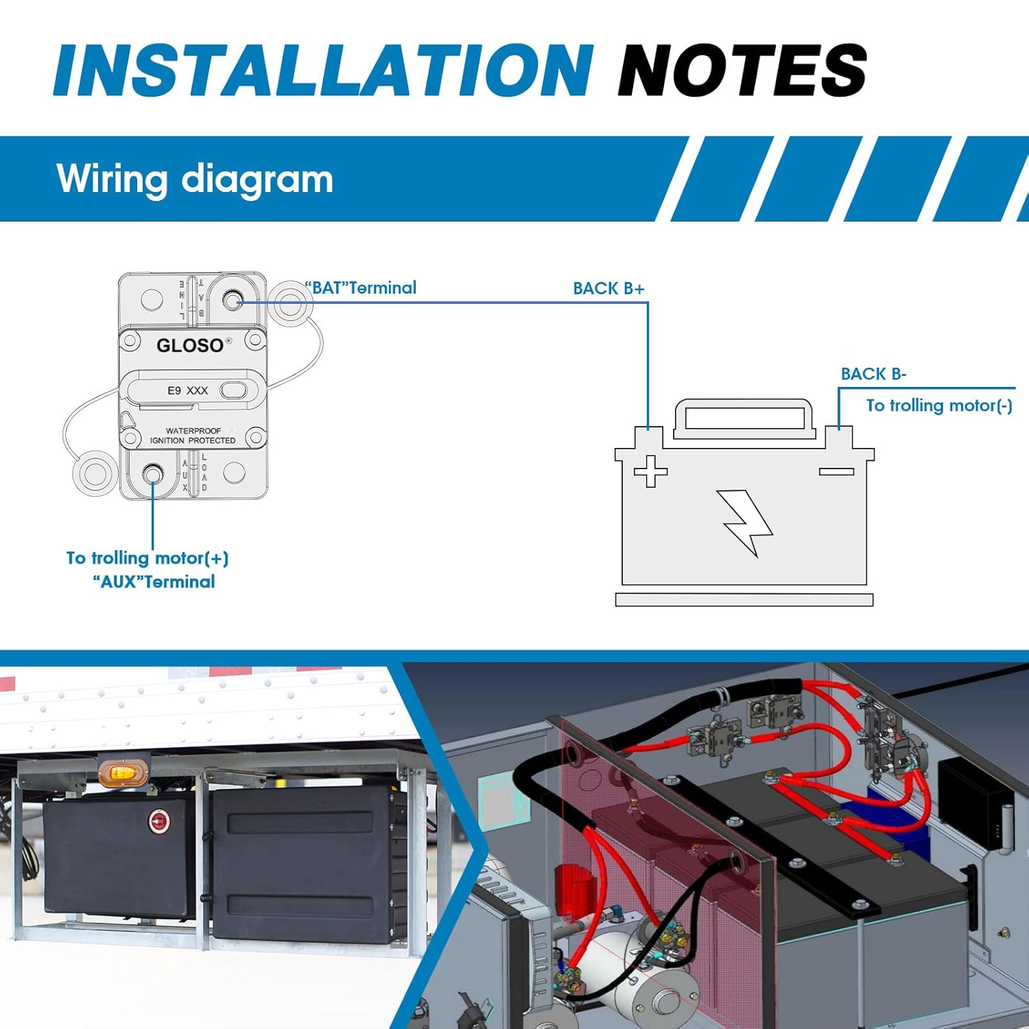 GLOSO E99 Waterproof Circuit Breaker 12V-48V DC Extended Surface Mount Manual Reset High-Amp for Marine RV Truck (135A) image number 2