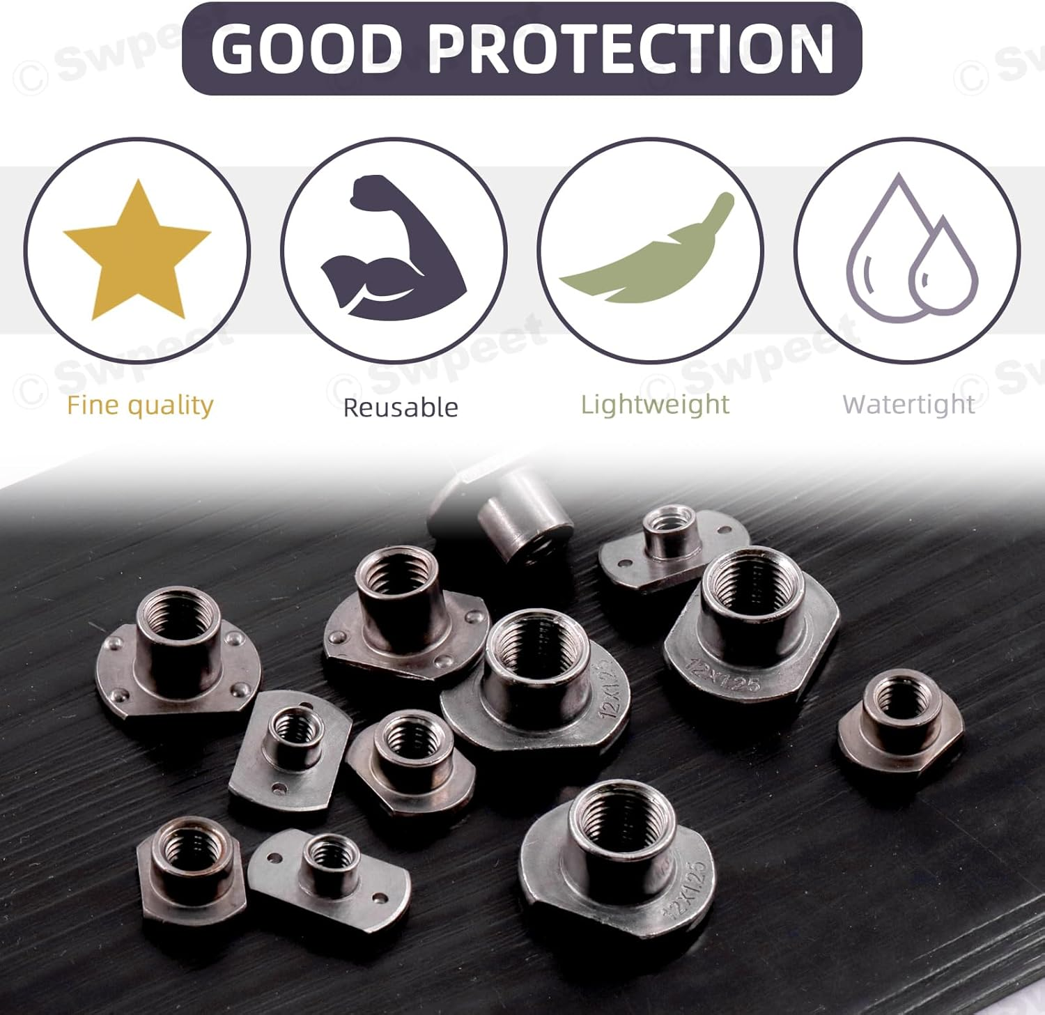 Swpeet 32Pcs M6 M8 M10 M12 Black T-Shaped Weld Nuts Kit, Tab Base UNC Carbon Steel Machine Screw, Welding Hood Fasteners Ideal for Furniture Vehicles Caster and Industry Machine image number 6