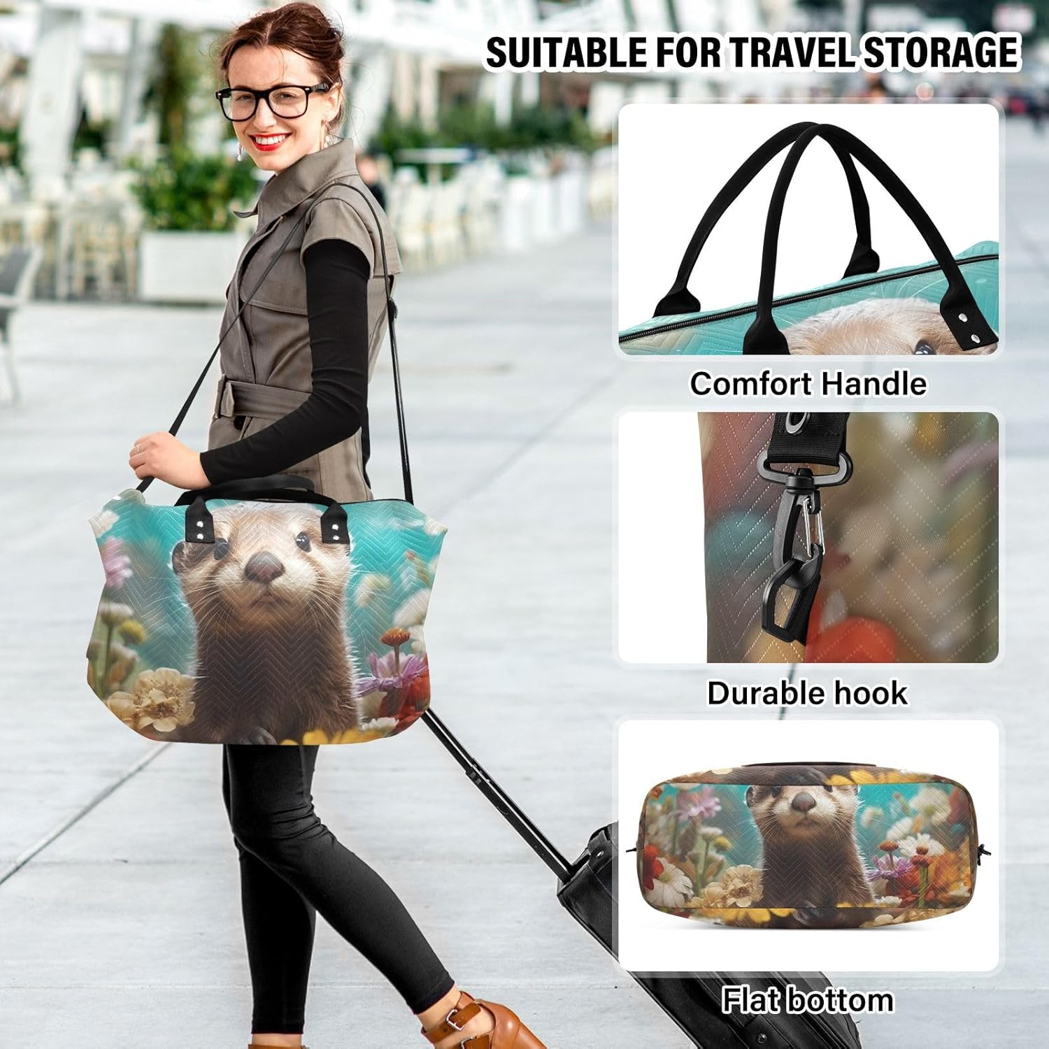 WOIWB Duffel Bag Set with Toiletry Bag for Travel Gym Sport, Luggage Sleeve Weekender Bag Carry on Overnight Bag-Watercolor Painting Otter Print, Multicolor, 20.5 X 7.9 X 13.8 Inches+9.1 X 3.5 X 5.9 image number 2