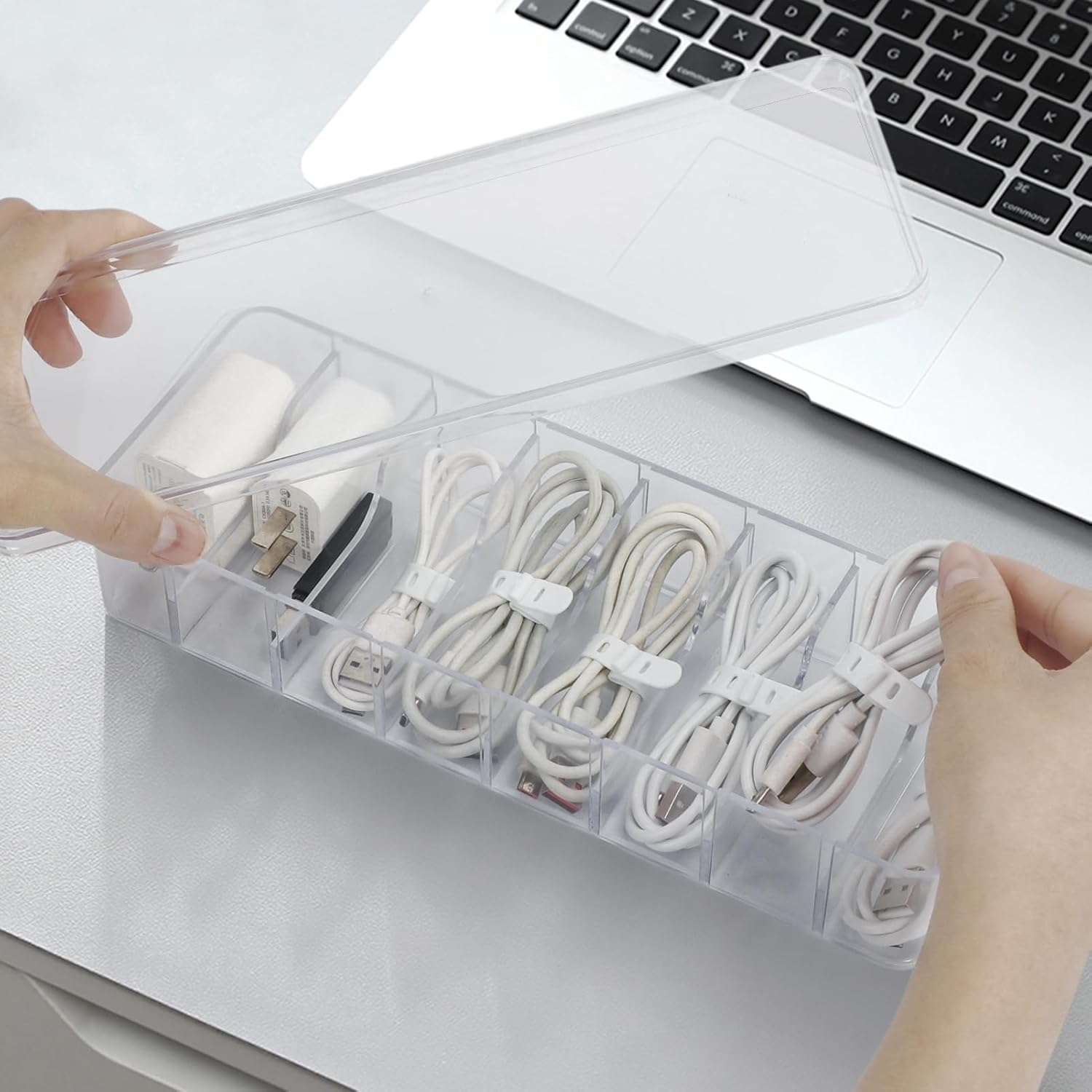 FYY Clear Electronics Organizer Box - with 10 Wire Ties, Desktop Cable Management Box with Lid, Acrylic Cord Organizer Case 8 Compartment Electronic Accessories Case for Desk Drawer, Office, Home image number 3