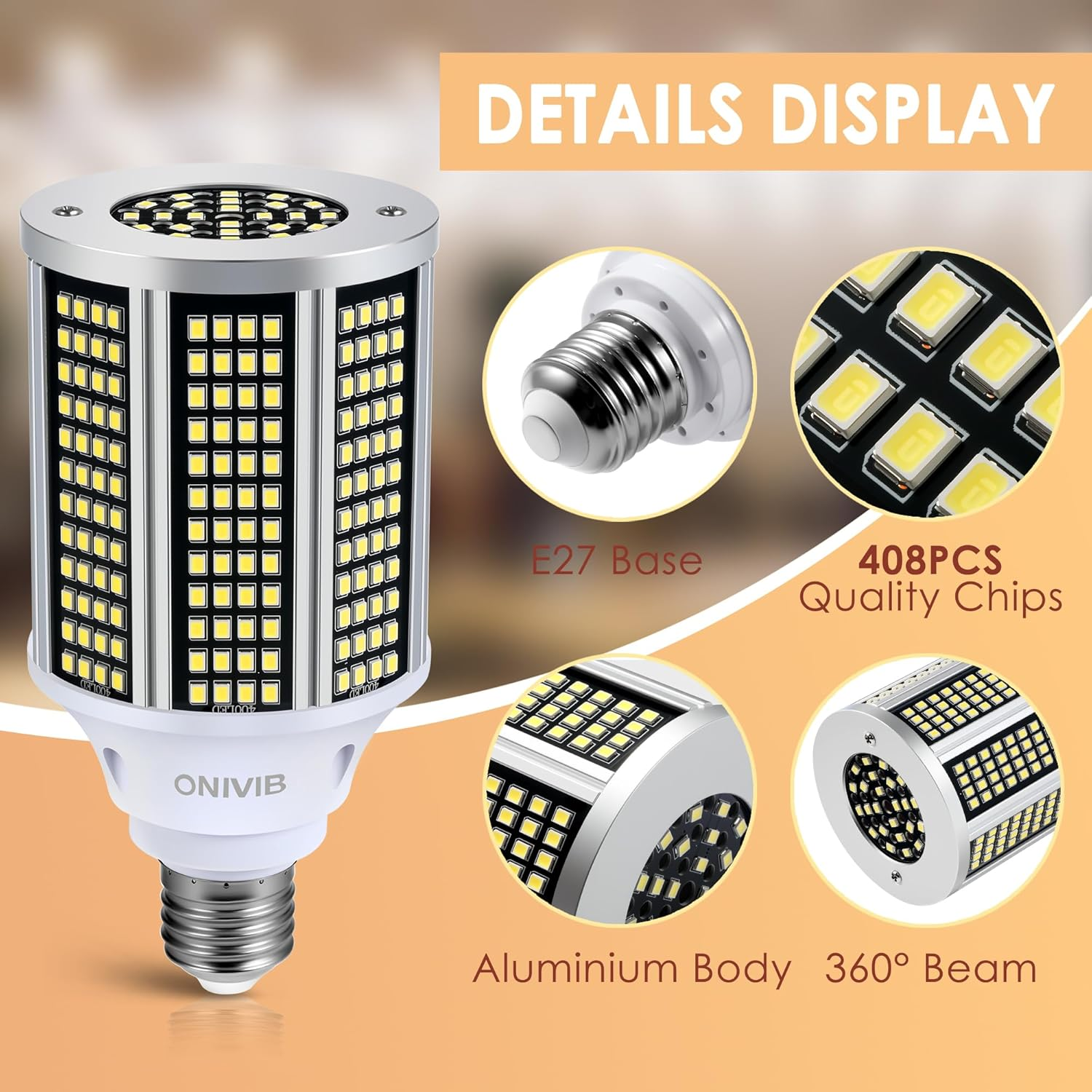 ONIVIB 35W LED Corn Light Bulbs, 4200 Lumens(350W Equivalent), 6000K Cool White E27 LED Corn Light Bulbs for Large Area Lighting, Garage, Warehouse, Factory, Office (2 Pack) image number 3