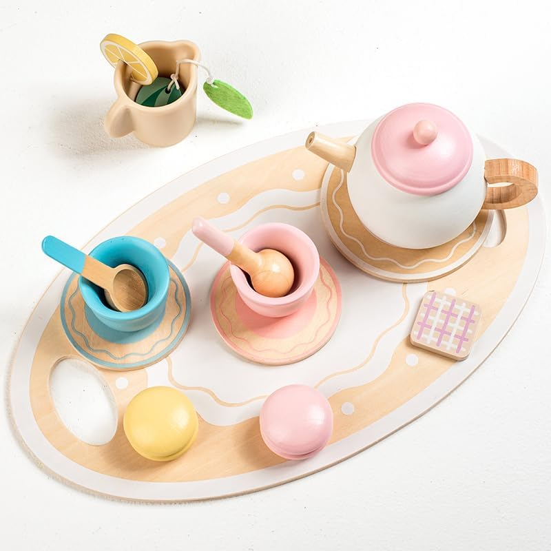Wooden Tea Party Set for Toddlers 2 3 4 5 6, 24PCS Pretend Play Dessert Set with Cupcake Tower, Teapot, Cups, and Sweets, Montessori Toys Tea Set for Girls Birthday Gift, Kids Tea Party Set image number 6