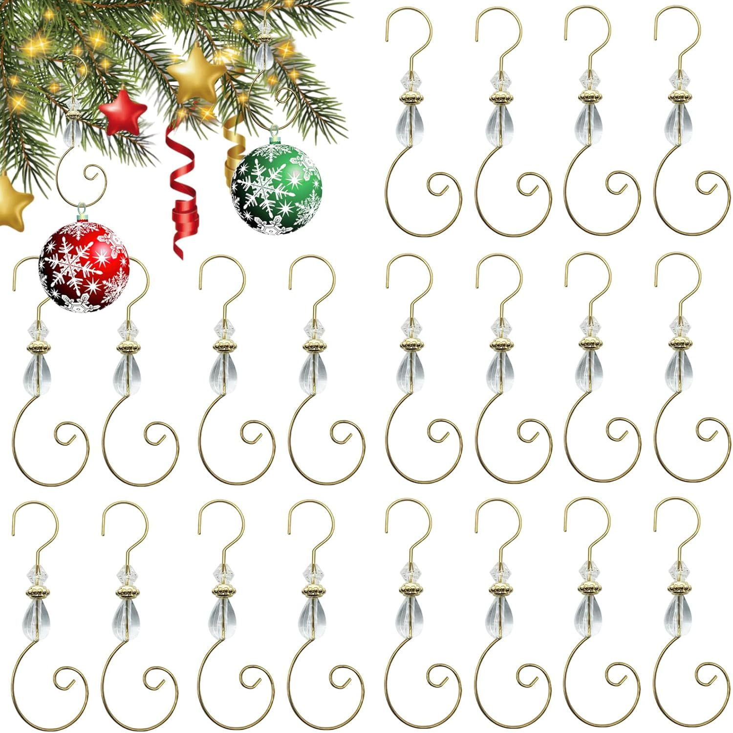 20 Pcs Christmas Ornament Hooks Beaded Hangers Gold S-Shaped Hangers Hook with Acrylic Wire Crystal Beads Metal Decoration Hooks for Christmas Tree Xmas Party Home Decor (Clear)