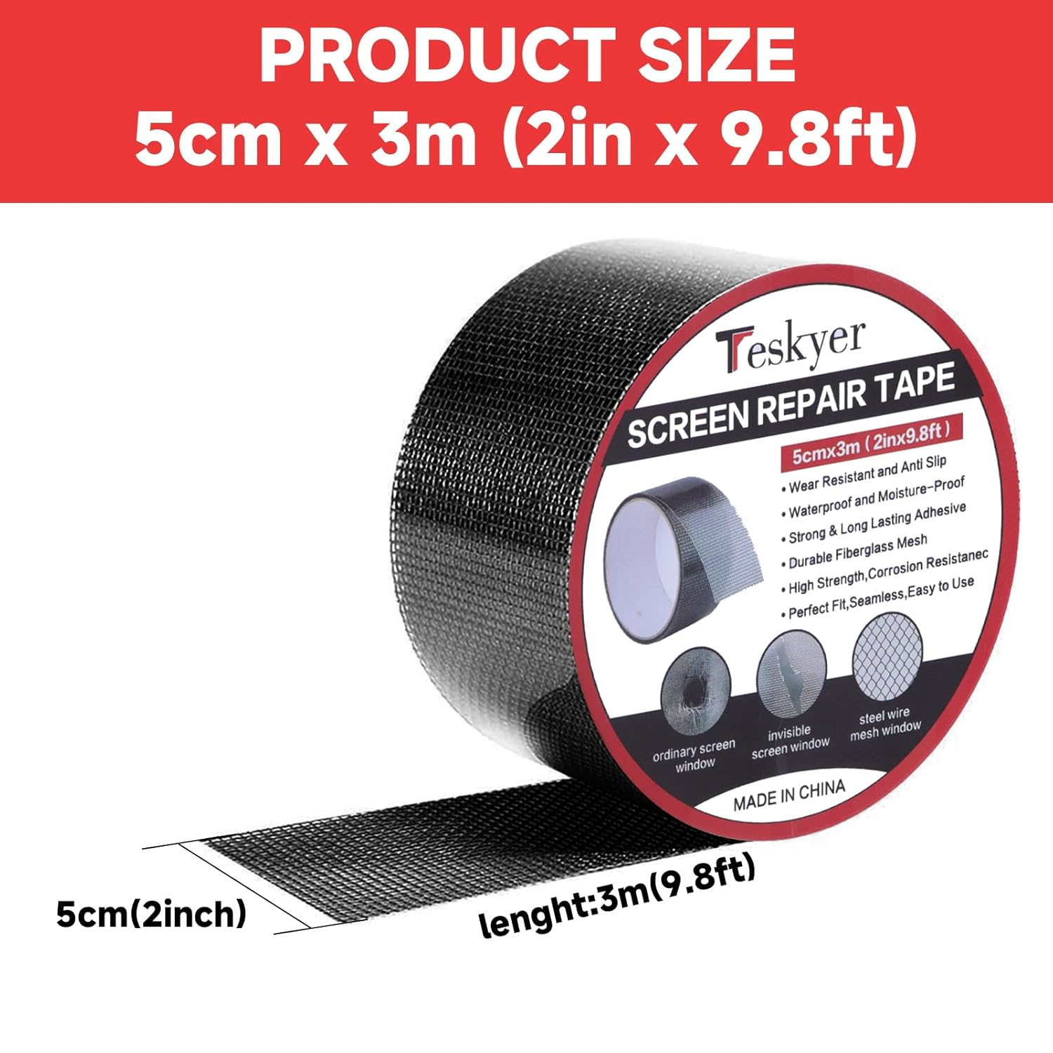 Teskyer Screen Repair Kit, Window and Door Screen Repair Tape,2'' X 9.84FT Strong Adhesive Screen Repair Patch Tape,For Door Window Tears Mesh Holes Fix(Black)