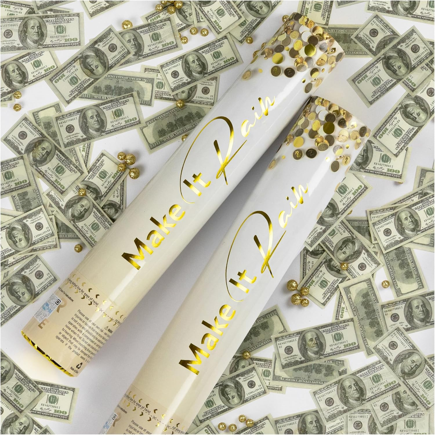 Primepure Confetti Cannon Party Poppers - Mini 100 Dollar Money Confetti Poppers - 2 Pack - Paper Money Bill Party Favours Gun for Wedding, Birthday, Celebrations image number 1