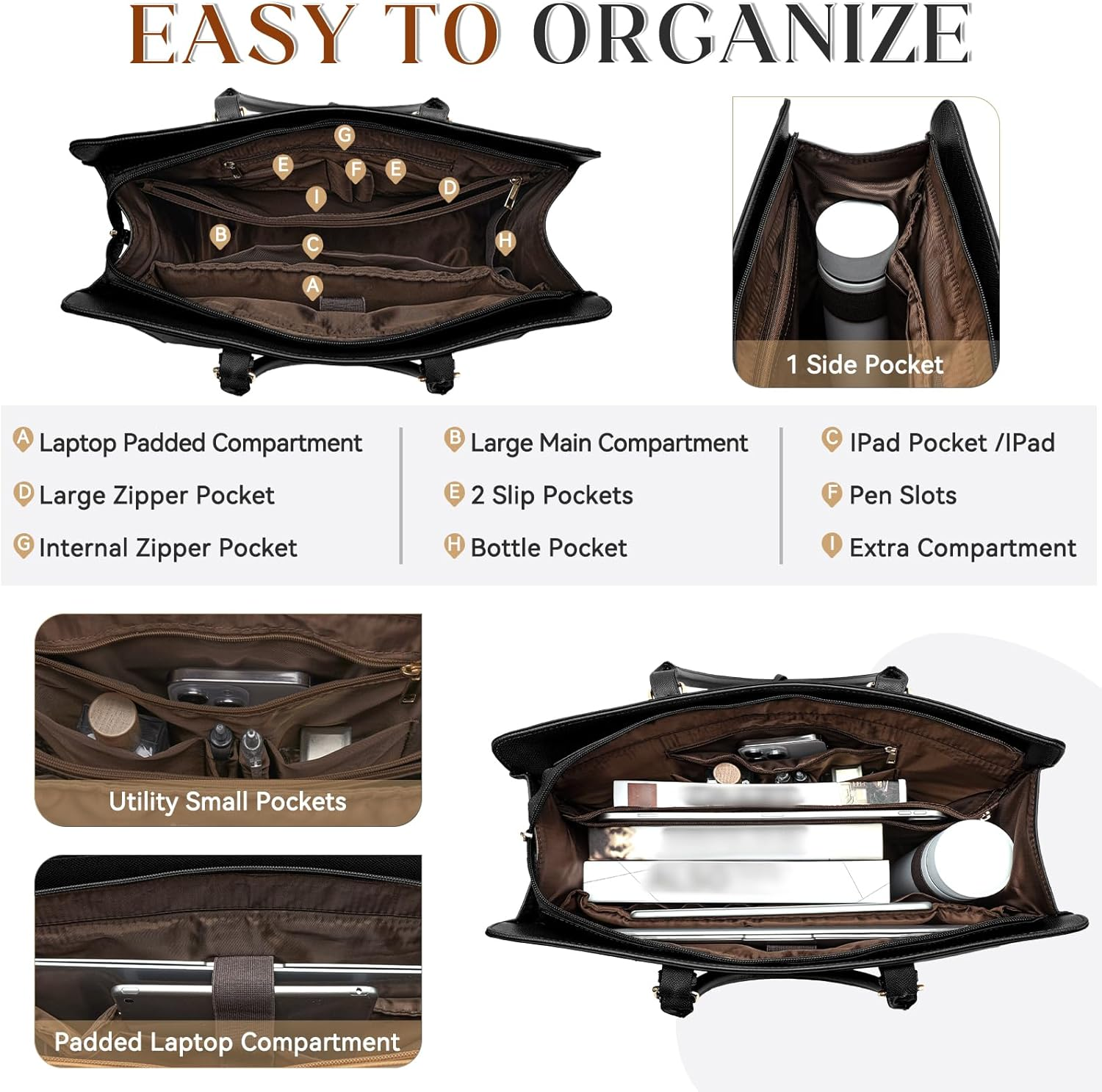 15.6Inch Laptop Tote Bag for Women,Vaschy Large Vegan Leather Work Tote Bag Briefcase Computer Bag Handbag Shoulder Bag Briefcase for Business Office Travel - Brown image number 5