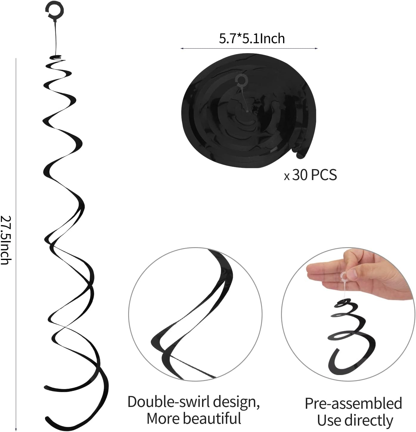 Black Hanging Swirl Decorations Plastic Streamers Foil Swirls Ceiling Decorations for Birthday|Wedding|Anniversary|Graduation Party Supplies, Pack of 30 - Black image number 3
