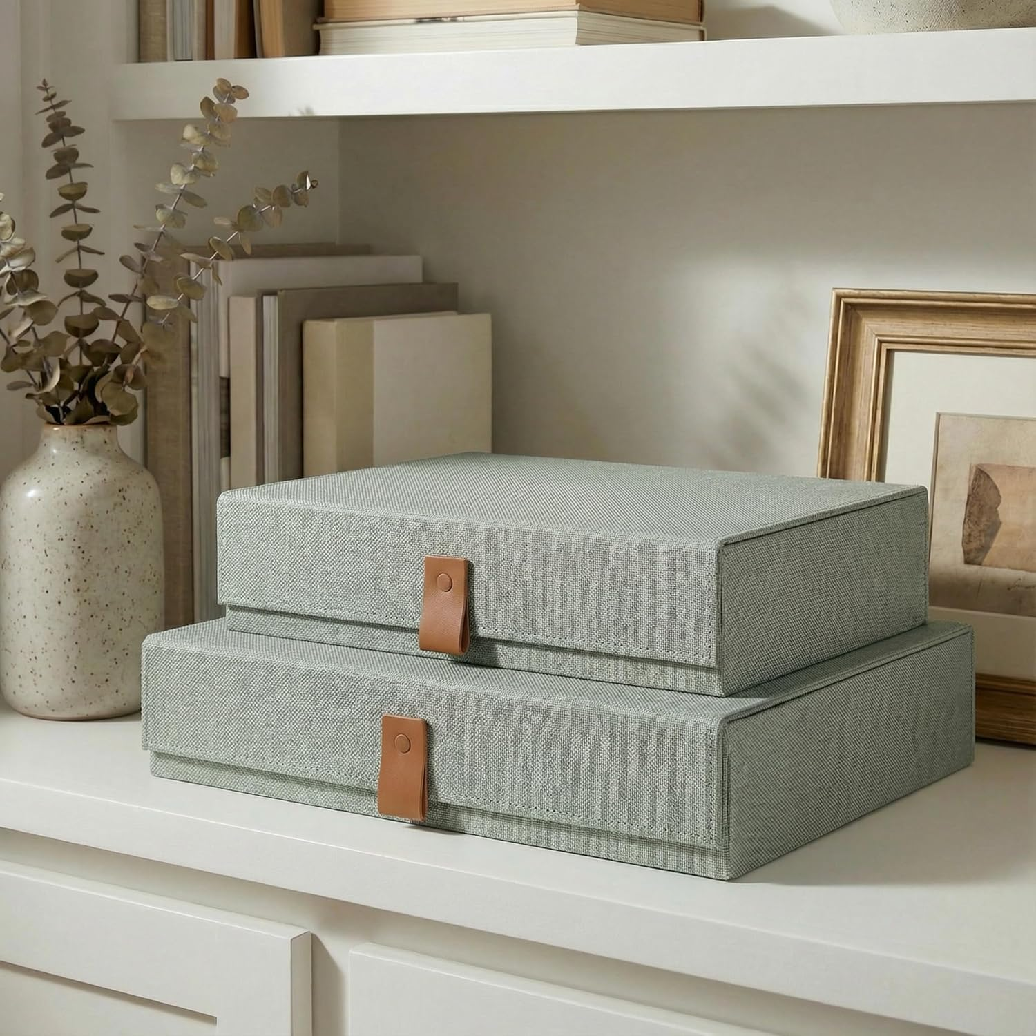 Decorative Photo Storage Boxes with Lids - Set of 2 Beautiful Linen Organizers Are Perfect to Safely Store Your Pictures, Documents, Scrapbooking Supplies, Keepsakes and Other Memories in Style