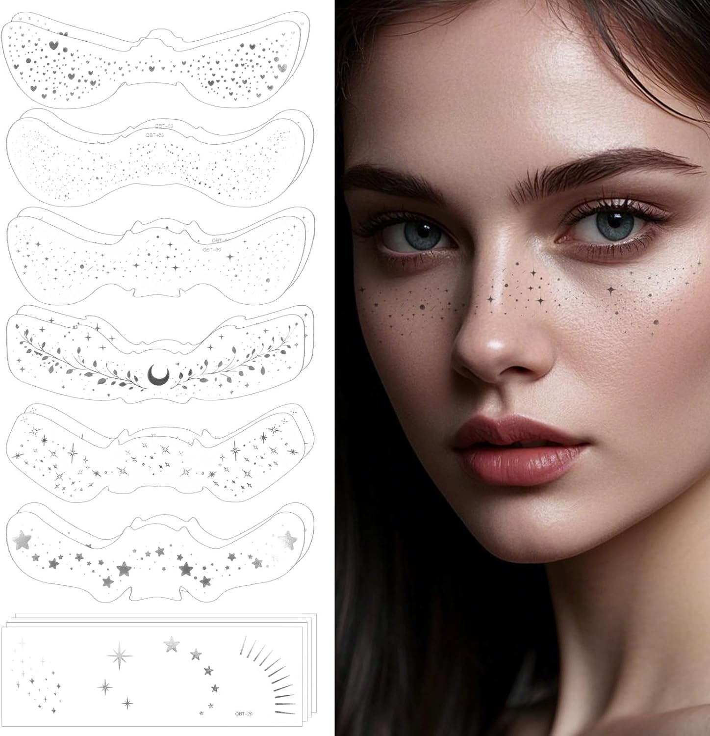 Lasuroa 16Pcs Temporary Glitter Face Tattoos Freckles, Waterproof Face Glitter Speckles Glow up Sparkle Makeup Patches for Festival Carnival Party (Silver) image number 1