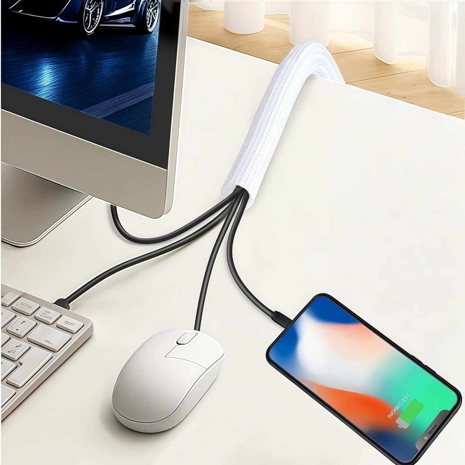 Fiabgum 20Ft - 1/2 Inch Cord Protector, Braided Cable Sleeve, Split Wire Loom Tubing, Cord Wrap Organizer for Computer，Protect Cat from Chewing-White image number 5