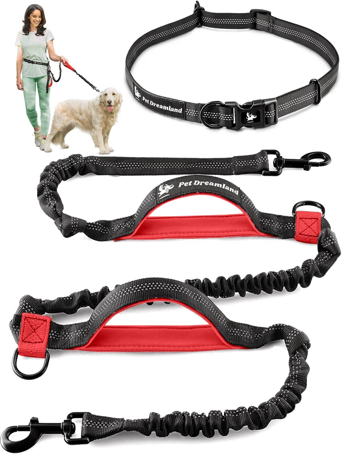 Exquisite Hands Free Dog Leash for Running | Waist Leash for Walking, Jogging, Cycling and Training W. Adjustable Belt and Retractable Bungee | Pet Hiking Gear Pack | Medium and Large Dog Lead Walker