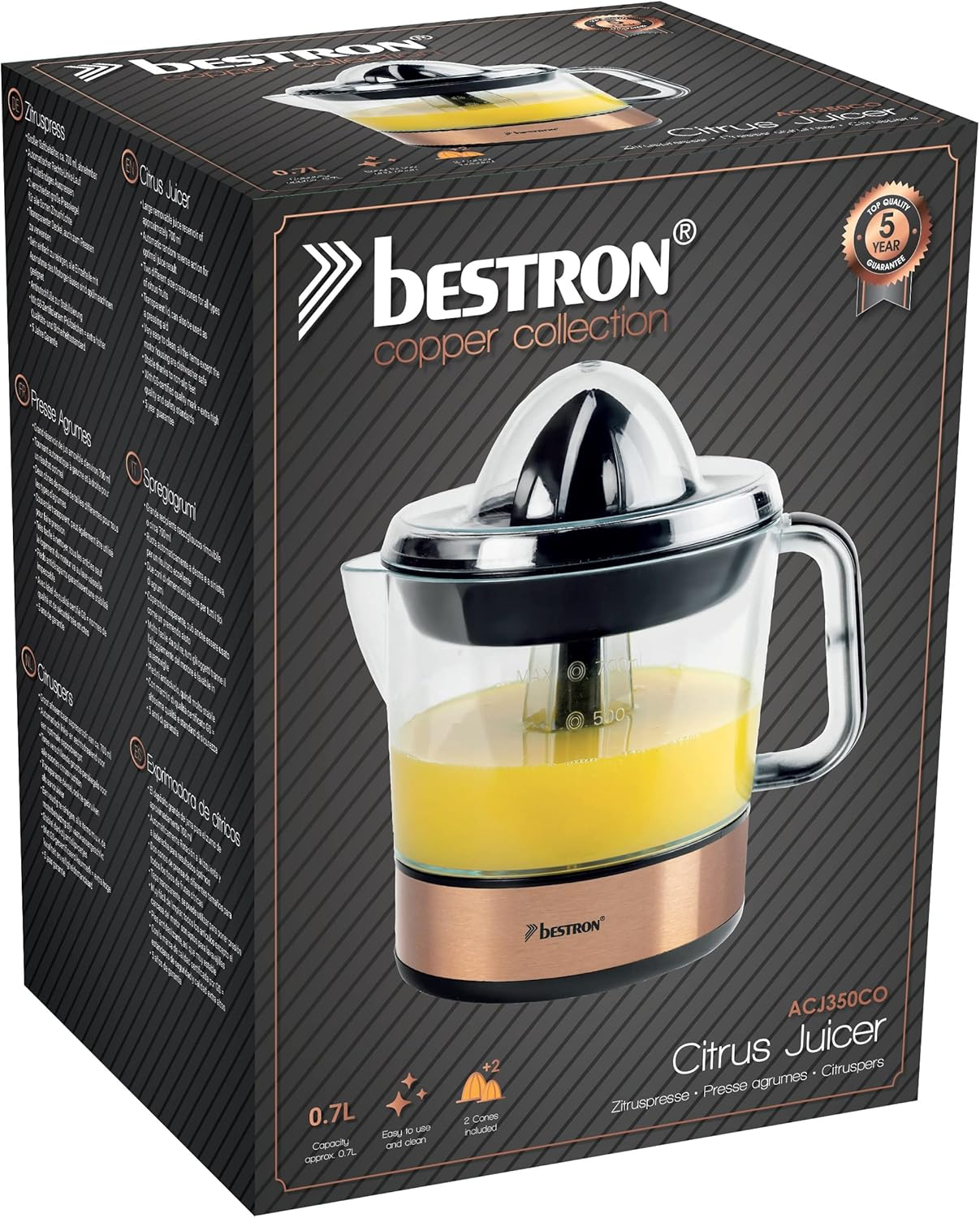 Bestron Electric Citrus and Orange Press, Including 2 Press Cones and Aroma Lid, Motor with Two Directions of Rotation (Left/Right), Capacity: 0.7 Litres, 40 Watts, Colour: Copper - Copper image number 6