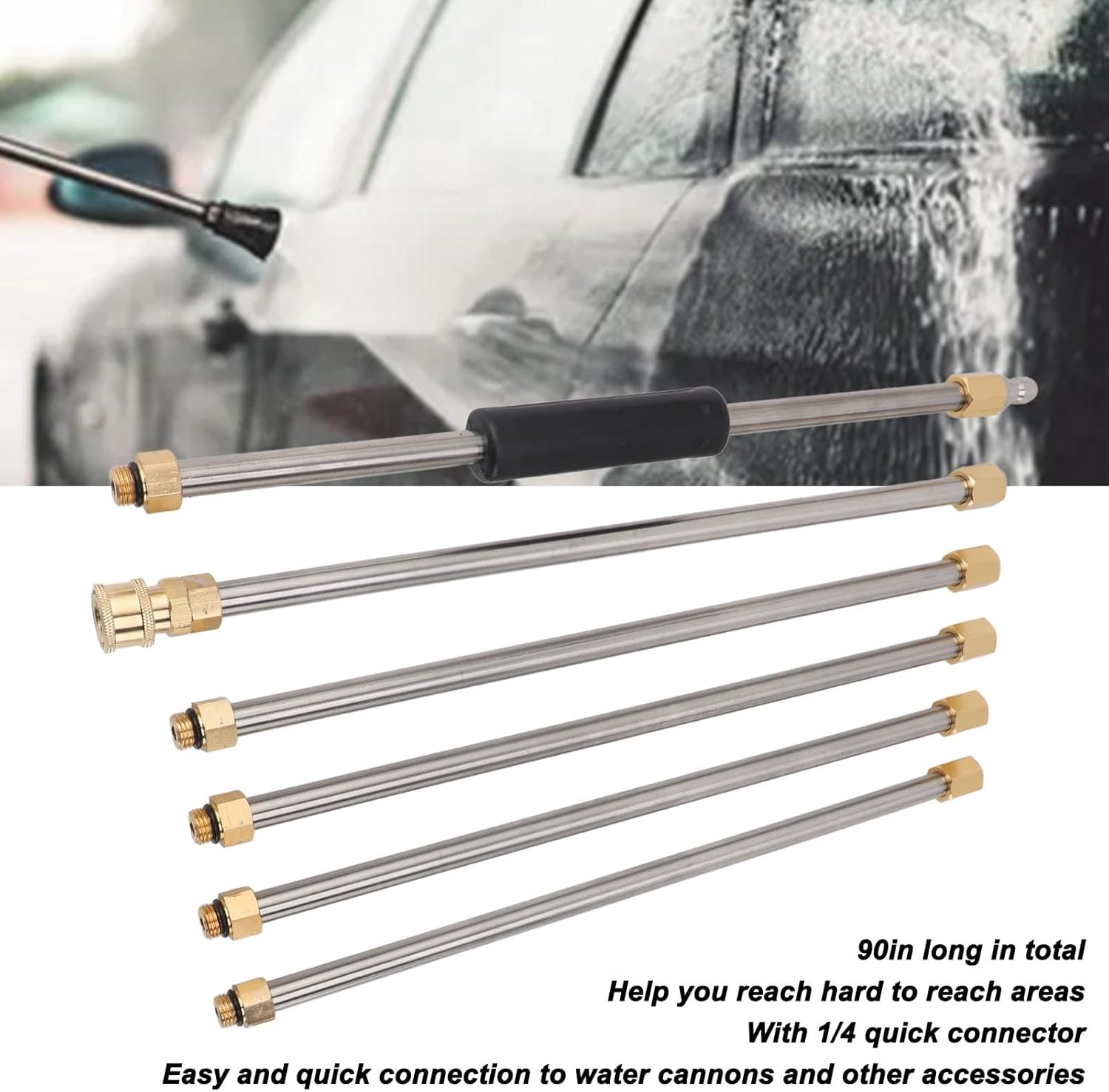 90 Inch Pressure Washer Extension Wand Rod, Power Washer Lance with 1/4 Inch Quick Connect, for Roof, 6Pcs with Stainless Steel and Brass Construction