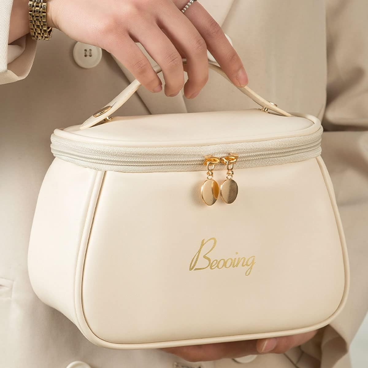 Cube Style PU Modern Simple and Large Capacity Cosmetic Bag for Easy Carrying of Travel Ladies' Makeup Bag (Pink) - Brown image number 2