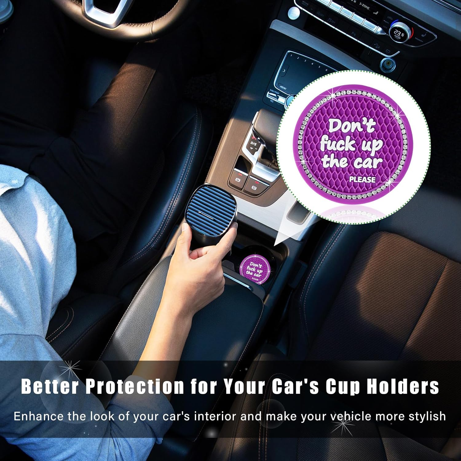 Ziciner 4 Pack Bling Car Cup Holder Coaster, 2.75 Inch Anti-Slip Auto Insert Cup Coaster, Crystal Car Drink Cup Mat Perfect for Women Girls, Universal Interior Decor Accessories (Purple) - Black, 4 Pcs image number 3