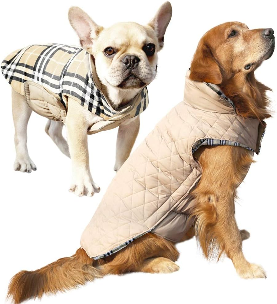 Albabara Dog Coat British Style Plaid Dog Winter Vest Cozy Waterproof Windproof Reversible Dog Jacket Pet Dog Cold Weather Clothes Warm Dog Apparel for Small Medium Large Dogs （XS - 3XL