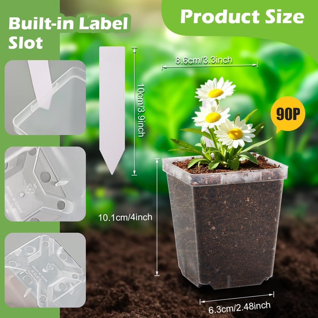 Rootrimmer 3.3 Inch Clear Nursery Pots with Drainage,90 Pack Square Seedling Pots with Plant Lables,Reusable Seed Starter Pots for Succulents Transplanting Herbs Flowers Tomato Windowsill Gardening