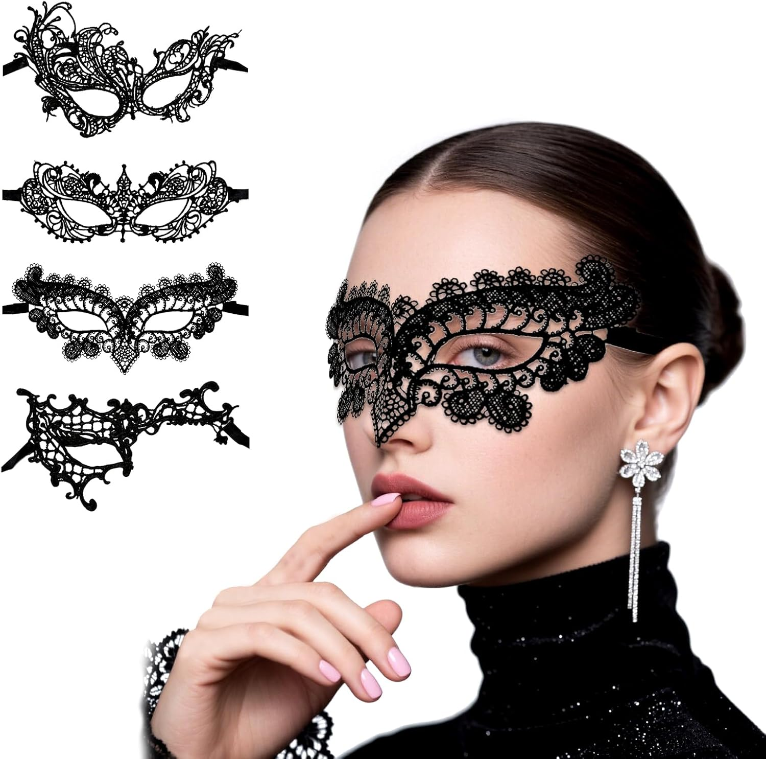 4-Piece Lace Masquerade Mask Set &ndash; One-Second Transformation Party Essential: Halloween Mask, Cat Mask, Masquerade Masks, Black Face Mask, Masquerade Mask Women. image number 1