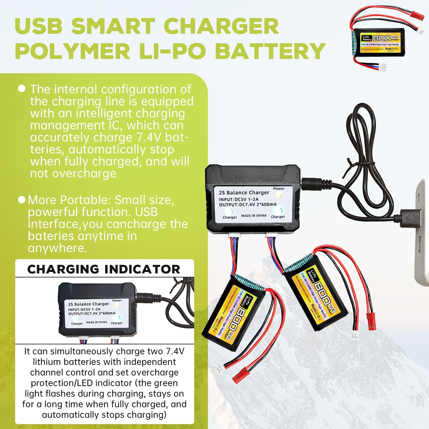 Fytoo 2PCS 7.4V Lipo 2S 50C 800Mah with JST and PH2.0 Plug with 2In1 Charger for SCX24 RC Car Battery, Compatible with Most 1/10, 1/16, 1/18, 1/24 Scale RC Car, Truck and RC Drone Batteries image number 3