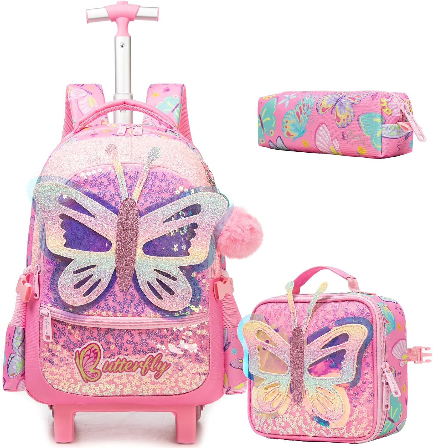 ZBAOGTW Rolling Backpack for Girls Unicorn Rolling Backpack with Lunch Box and Pencil Bag Adjustable Length Wheeled Backpack