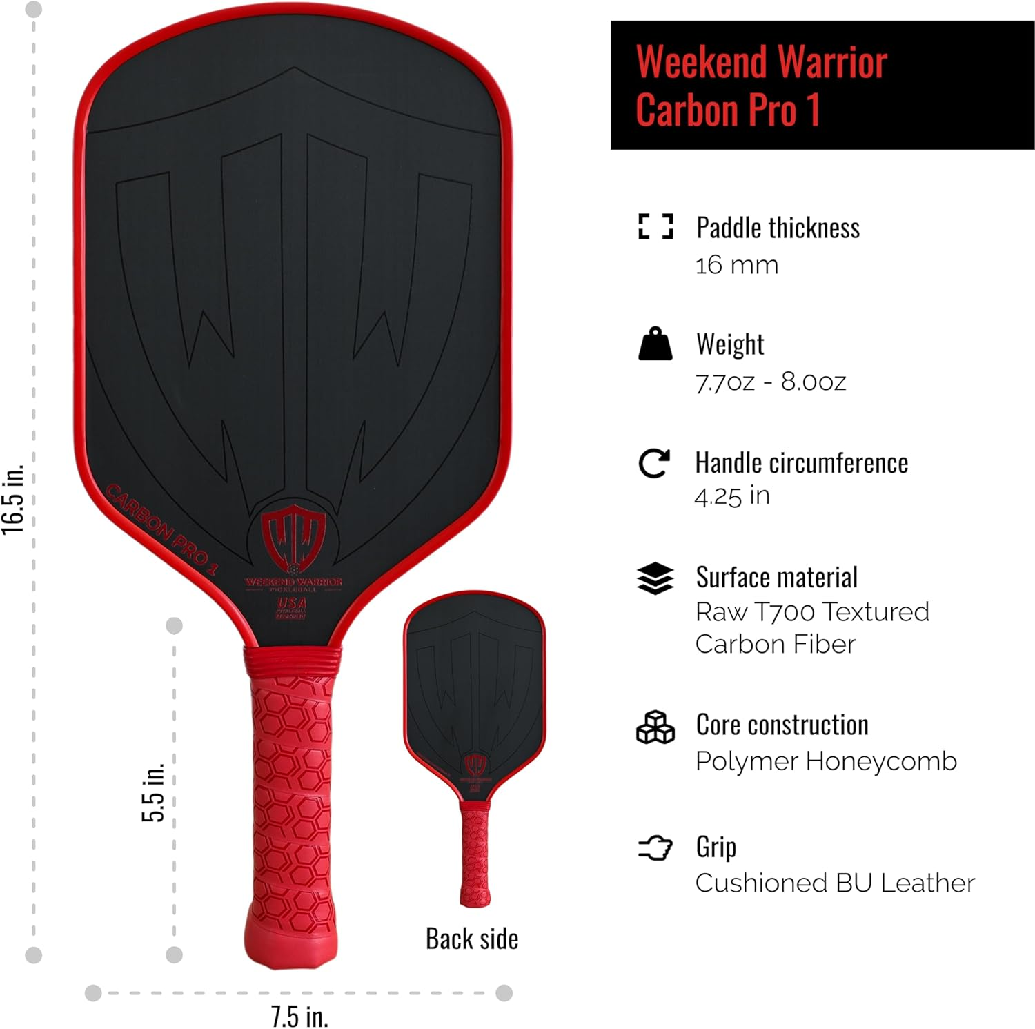 Paddle - USAPA Approved - T700 Carbon Fiber for Ultimate Spin - Elongated Handle and Shape for Power - Paddle Cover, Paddle Eraser, Lead Tape, Sweatband Included - Red image number 5