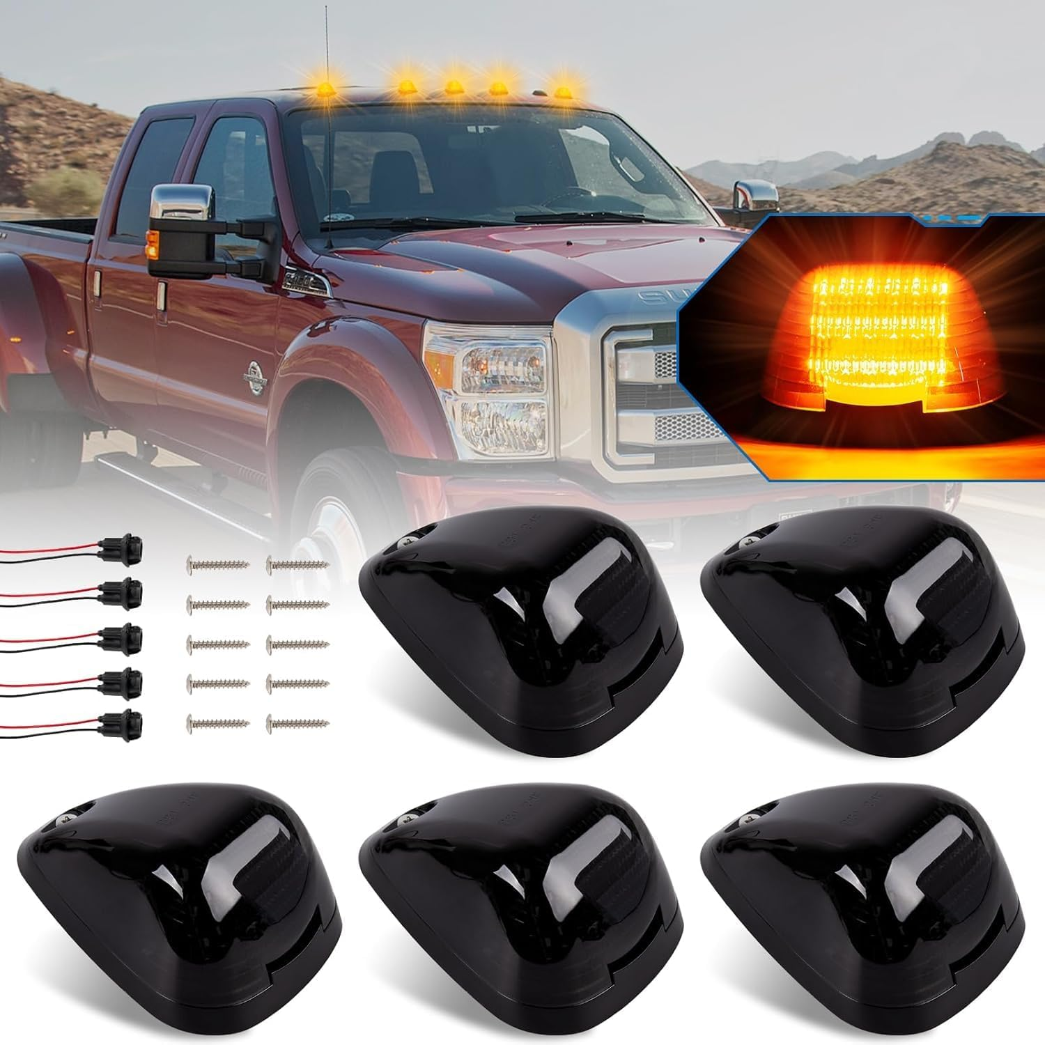 HOCOLO Amber LED Cab Marker Lights Roof Top Running Clearance Lights for Truck SUV Pickup (Black Smoked Lens with T10 Amber Light)