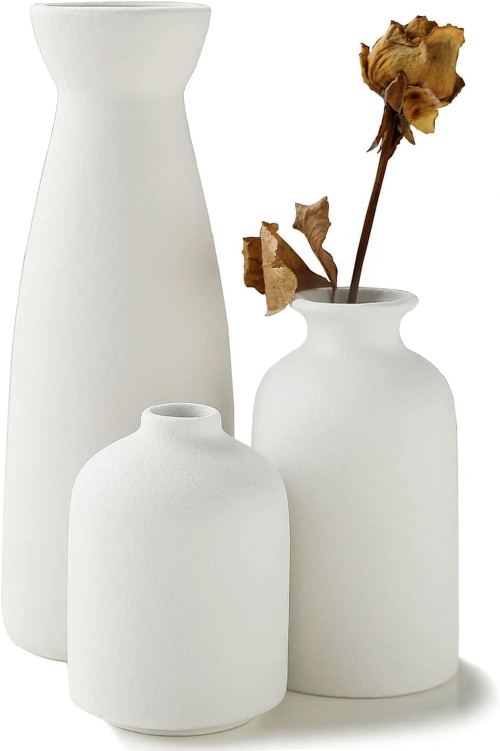 White Ceramic Vase Set of 3 - Minimalist Modern Ribbed Vases Home Decor for Desk, Shelf, and Table, Aesthetic Flower Vases for Entryway, Mantle, Bookshelf