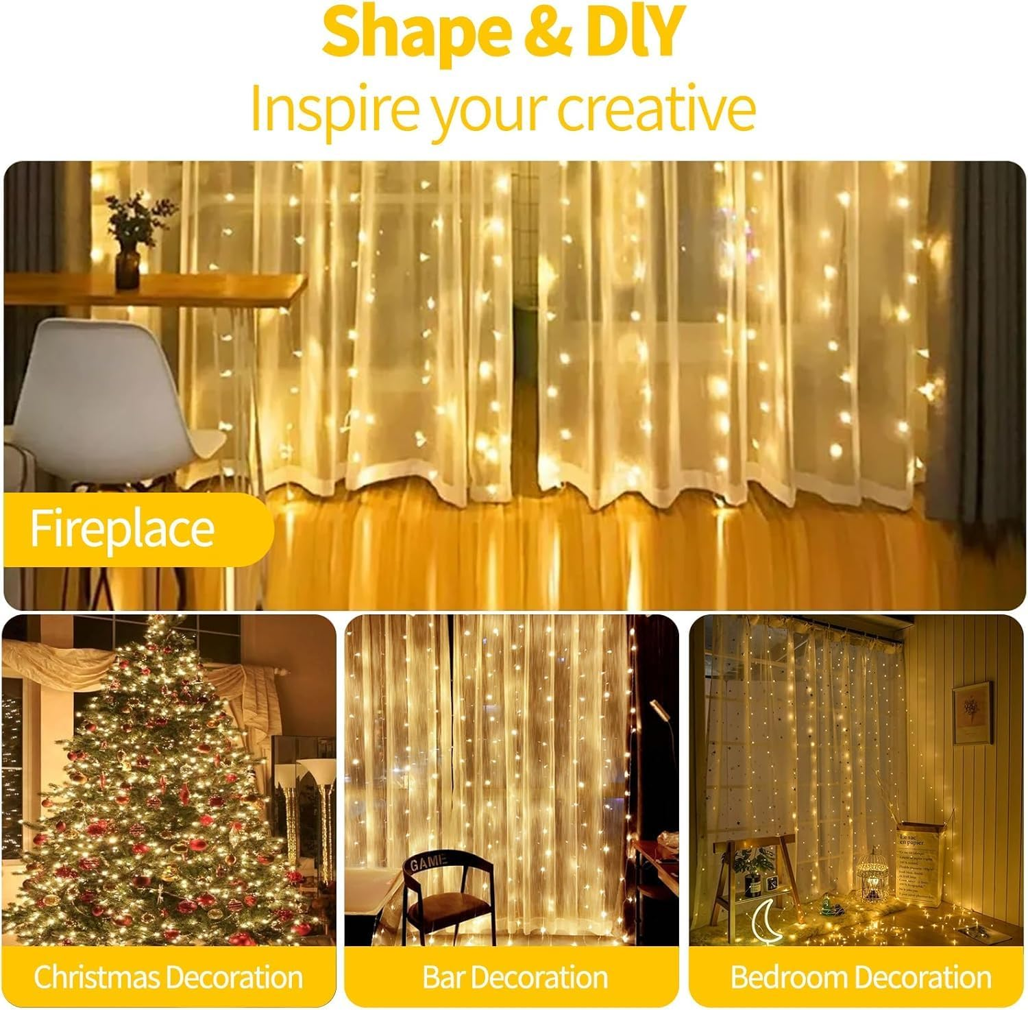 Fairy Curtain Lights 2 Pack, 3M&times;3M 300LED Fairy Lights with 8 Modes Remote Control Timer Adjustable Brightness, Curtain Light Plug in for Bedroom, Garden, Party, Wedding, Christmas image number 5