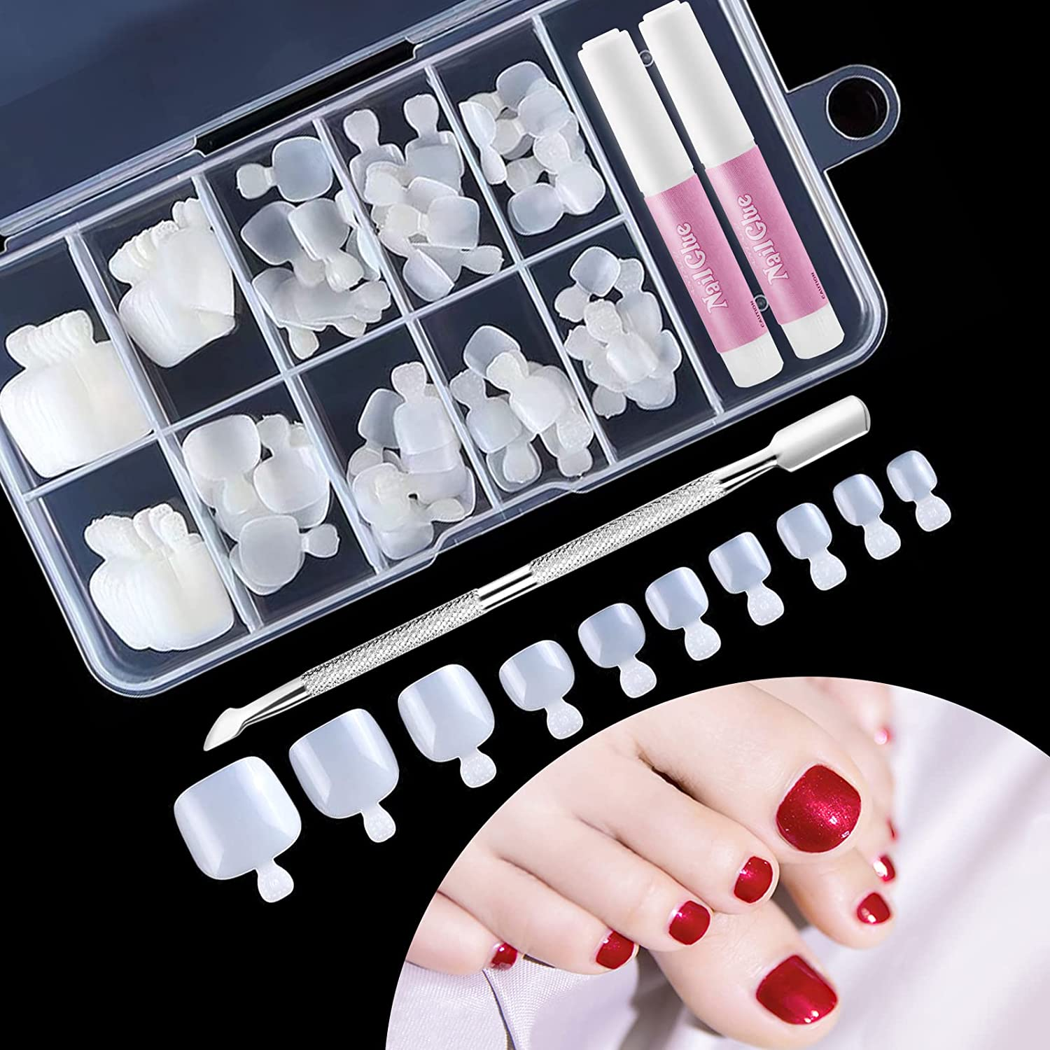 100 Pcs Fake Toenails - 10 Different Sizes Natural Toe Nails False with Glue, Cuticle Pusher and Organizer for Nail DIY and Nail Salon image number 4