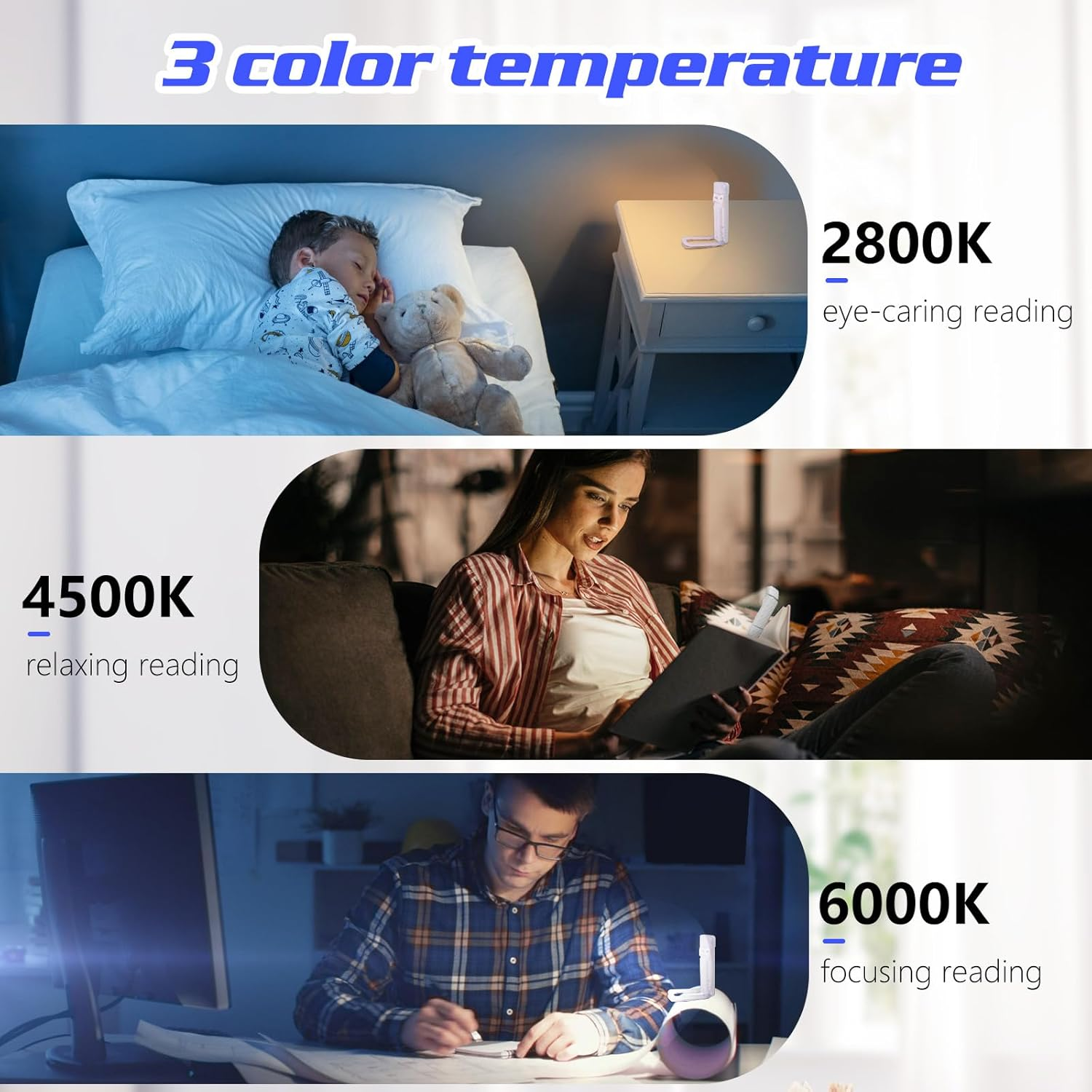 Aiqinu Reading Clip Lamp, White, LED Book Clamp Light, 3 Colour Temperatures, 5 Brightness Levels, USB Rechargeable, Plastic Material image number 2