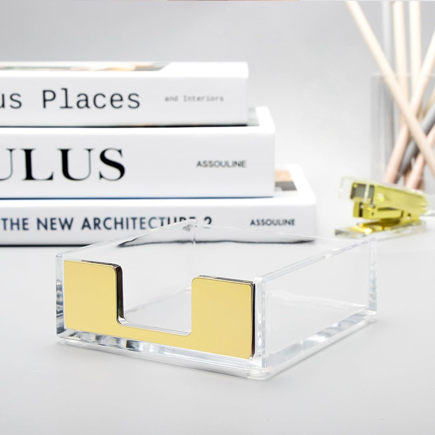 Natsumebasics Gold Sticky Note Holder Clear Acrylic Yellow Post Note Pad Holders Memo Dispenser Case for Desk Office School Aesthetic Supplies Accessories (Pure Gold) image number 2