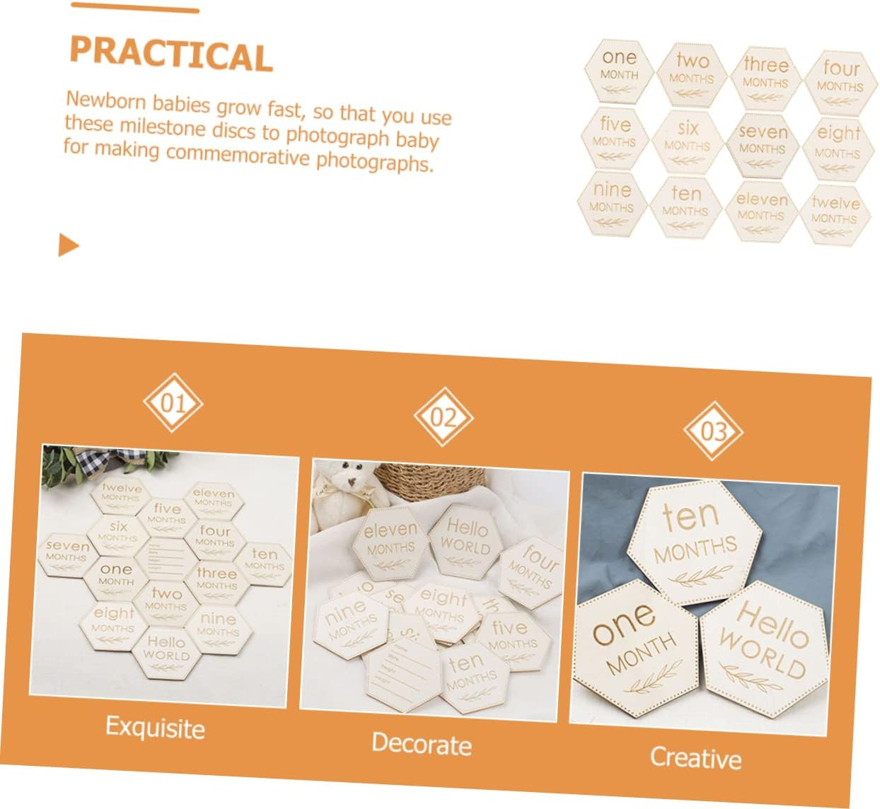 ERINGOGO 12Pcs Wooden Monthly Milestone Cards Newborn Milestone Blocks Discs Shower image number 2