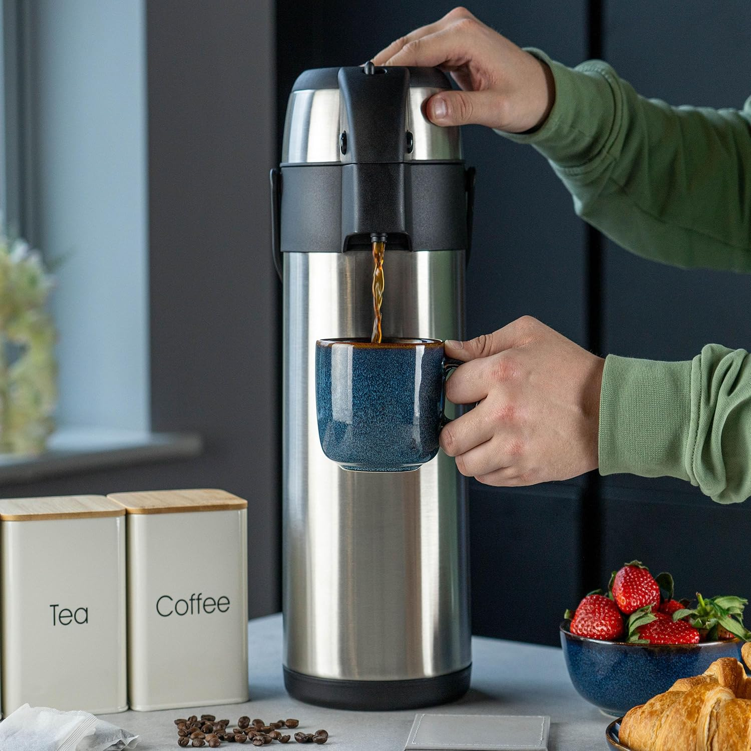 Pioneer Flasks SS50R Stainless Steel Airpot Hot Cold Water Tea Coffee Dispenser Conference Event Flask, Satin Finish, 5 L image number 4