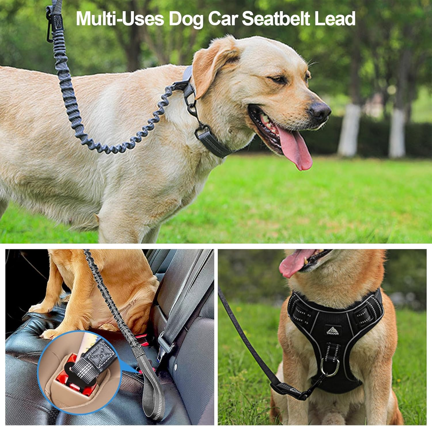 Proxima Direct Dog Car Seat Belt, Elastic Dog Car Harness Lead with Retractable Bungee Buffer, Adjustable Reflective Nylon Pet Dog Collar Leash with Safe Clip Buckle for All Cars Travel Camping Grey image number 1