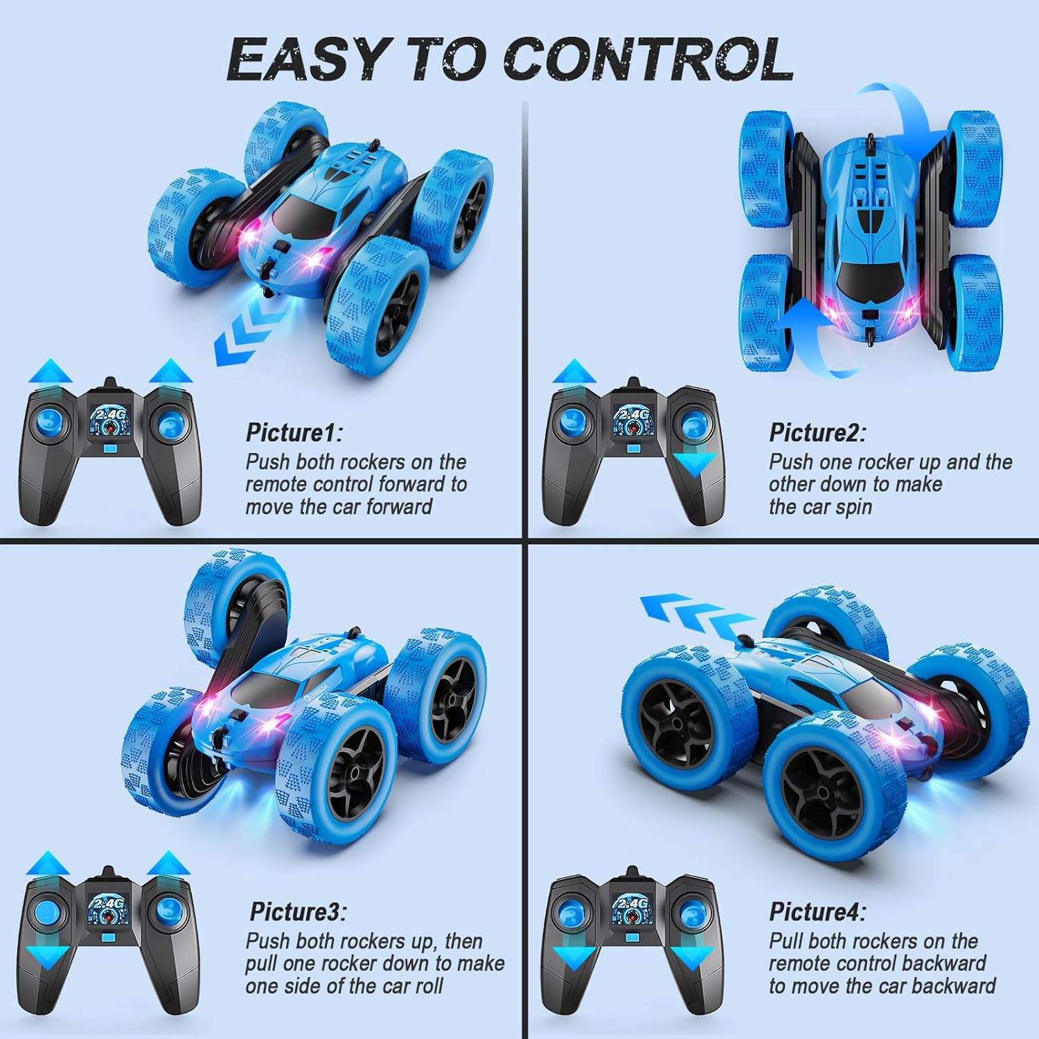 QUNREDA Remote Control Car, RC Cars Toys for Kids Ages 6-12, 4WD Stunt Car with LED Lights & 360&deg; Flips, 2.4Ghz, Upgraded USB-C Modular Batteries, Ideal Birthday Gift 8-10 Year Old Boys Blue image number 1