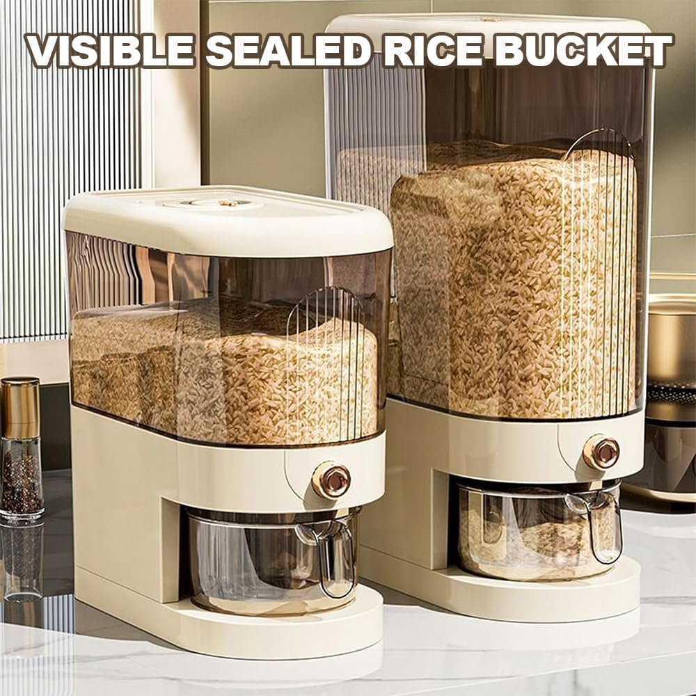 Rice Dispenser, Grain Container Storage, Measuring Cylinder with Lid, Sealed Rice Jar, Household Rice and Flour Drawer, Rice Storage Box, Grain Dispenser Barrel for Kitchen (White, 10 KG) image number 3