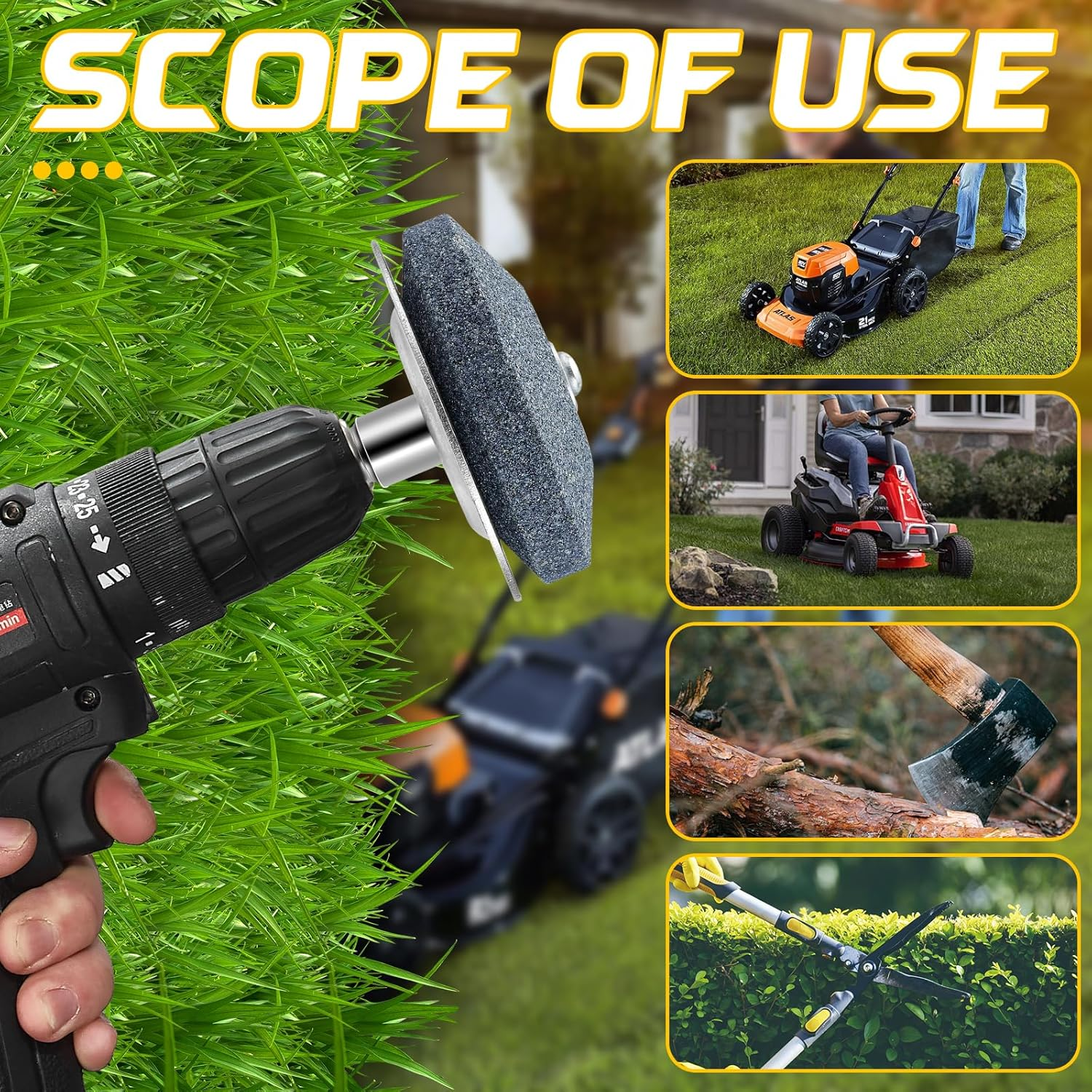 Ziyue 3 Pack Lawn Mower Blade Sharpener, Universal Rotary Lawnmower Blade Sharpen with Balancer, Garden Tool Blade Sharpeners for Any Power Hand Drill (3 Sharpener Kits+3 Grindstone+1 Balancer) image number 1