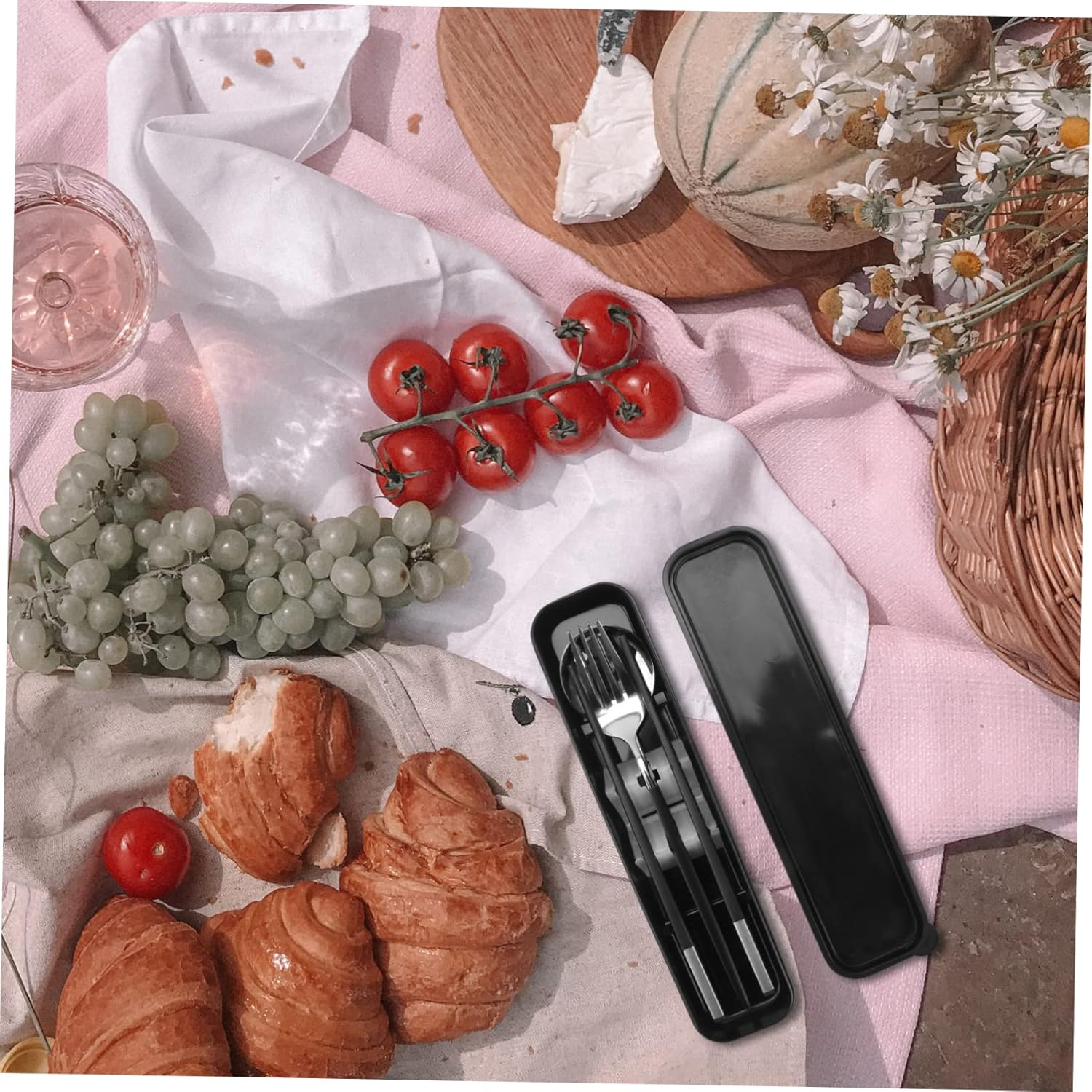 Dinner Set Fork Storage Case outside Picnic Tableware Travel Chopsticks Spoon Picnic Reusable Flatware Convenient Cutlery Bag Spoon and Black Stainless Steel image number 4