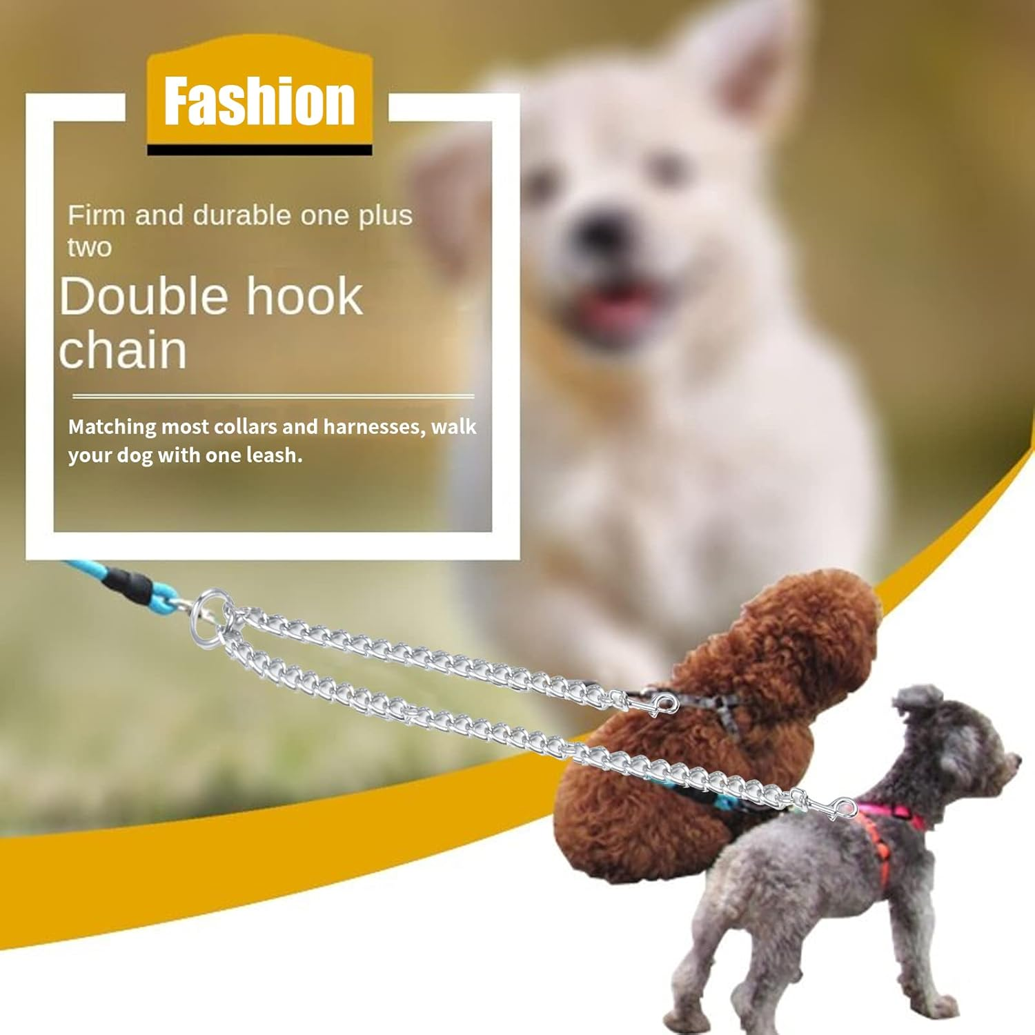 Metal Double Dog Leash 2 Way No Tangle Coupler Double Pet Dog Lead Leashes Twin Large Medium Small Dogs (L-4.0Mm*70Cm) image number 1