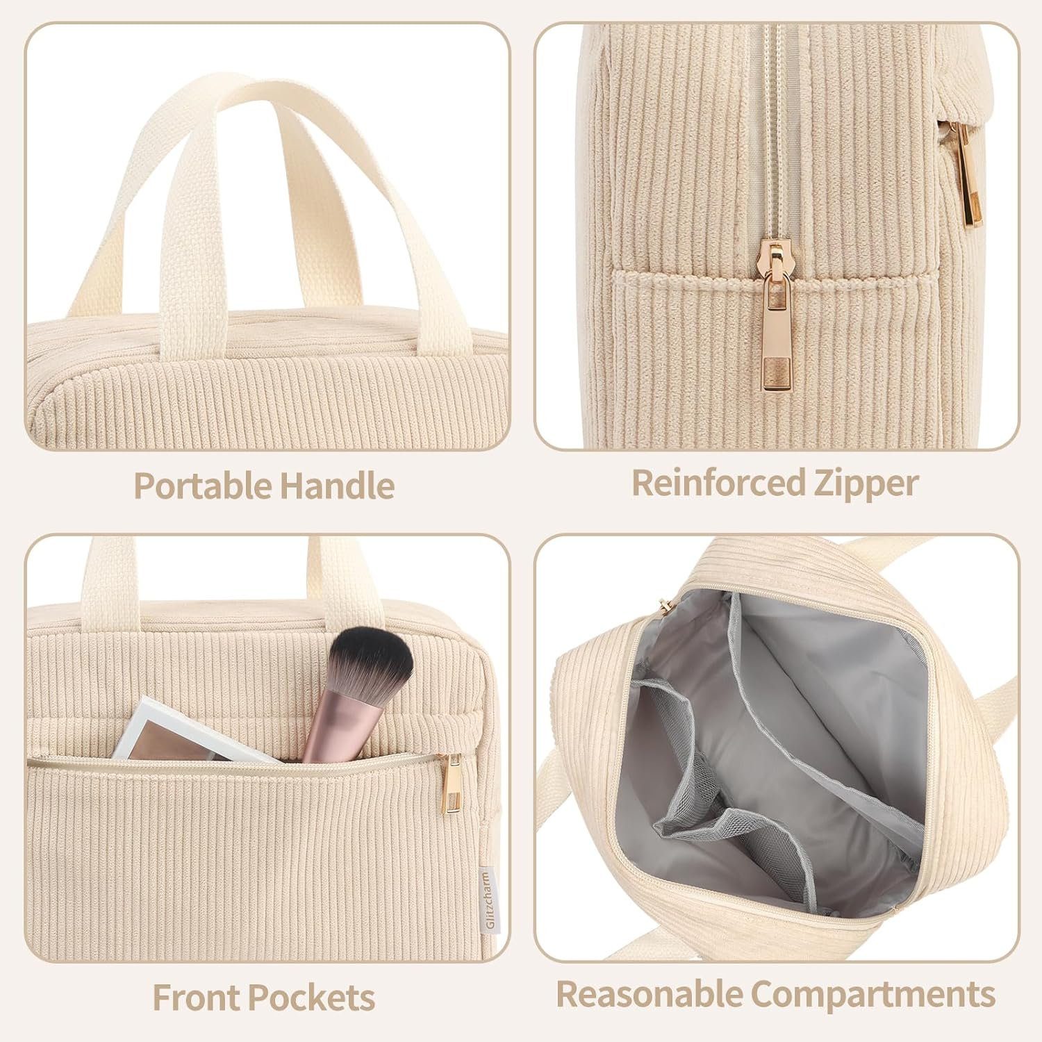 Large Capacity Travel Cosmetic Bag, Makeup Bag Corduroy Portable Large Cosmetics Bag with Handle Travel Cosmetic Bags for Women Girls(Beige) image number 3