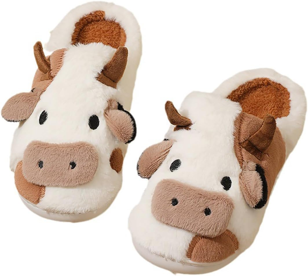RAGEFIVE Cute Cow Slippers for Women Girls Fuzzy Plush Cotton Slippers Household Indoor Outdoor Slippers