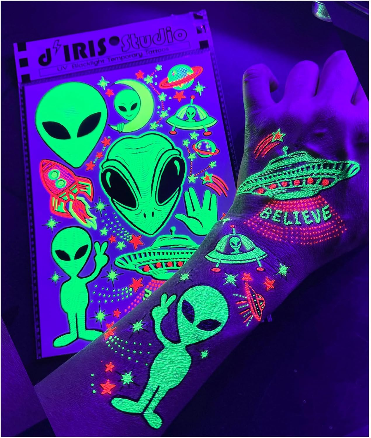 Temporary Blacklight Tattoos- Neon Green Weed 420 Leaf Design Body UV Blacklight Reactive Rave Festival Music EDC EDM Party Tattoo