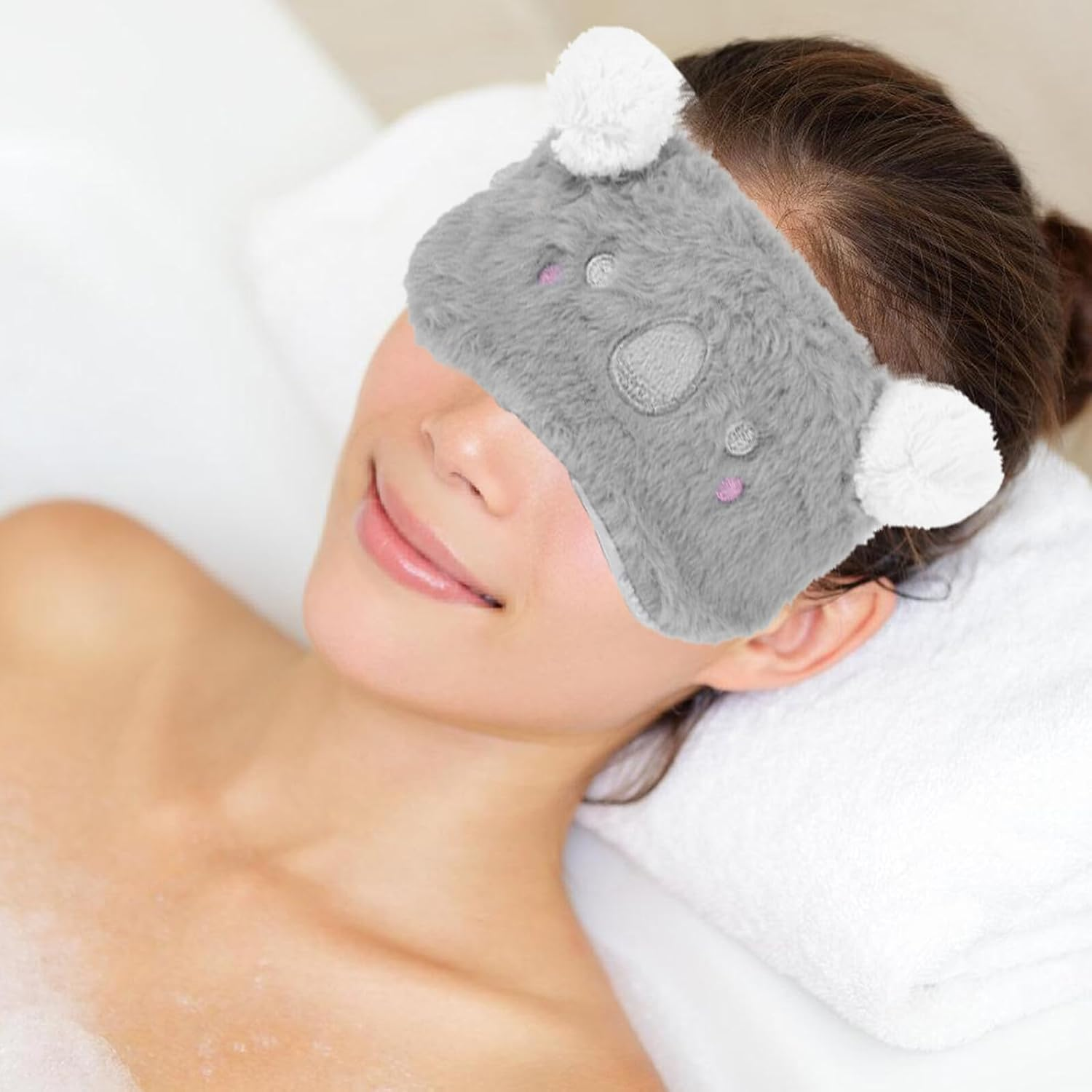 SEWACC Fluffy Cute Koala Eye Mask for Sleep, Breathable Plush Sleeping Mask for Women and Youth, Gray Light Blocking Eye Cover for Travel and Relaxation